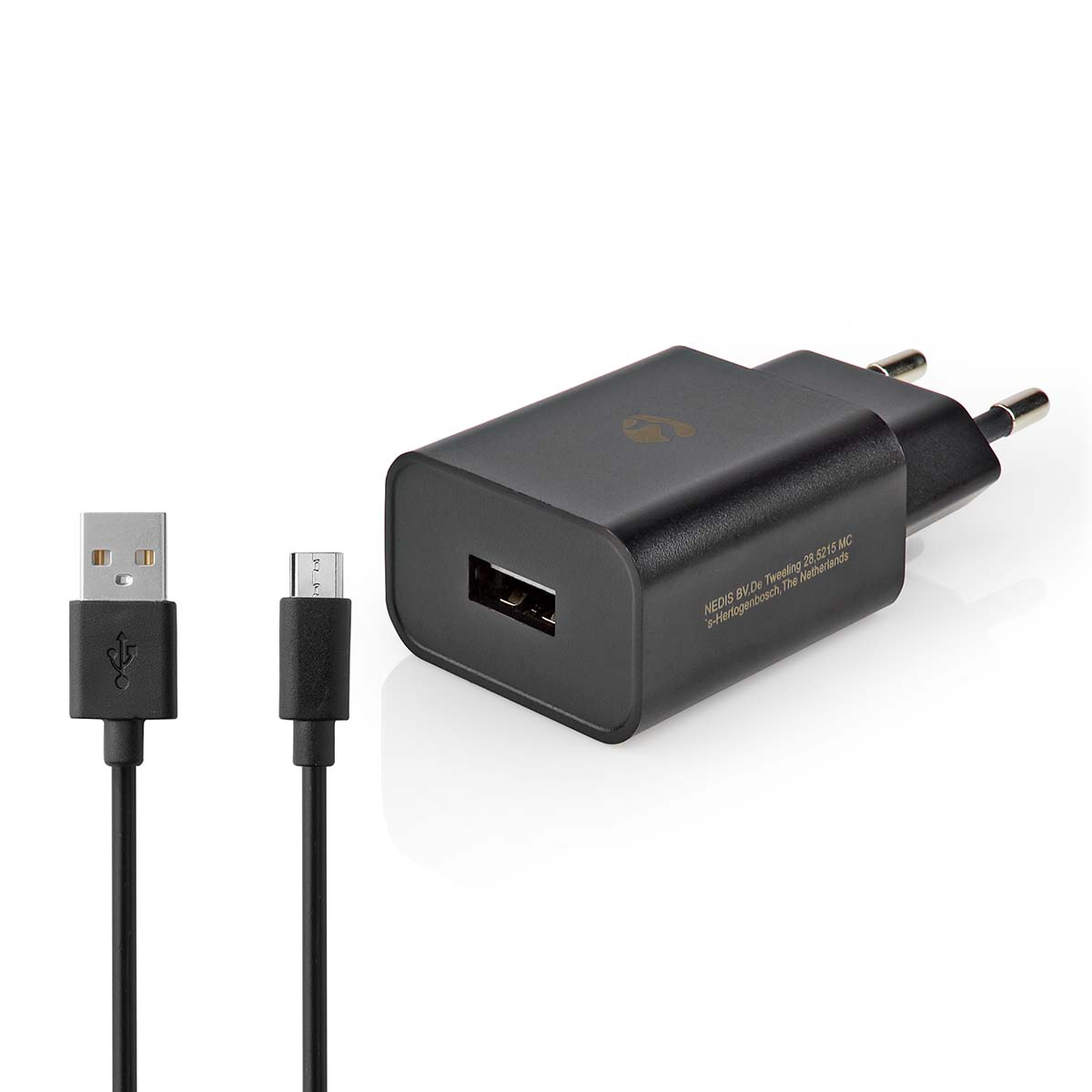 Schwarzes USB-Ladegerät mit USB-Kabel und Micro-USB-Kabel.
