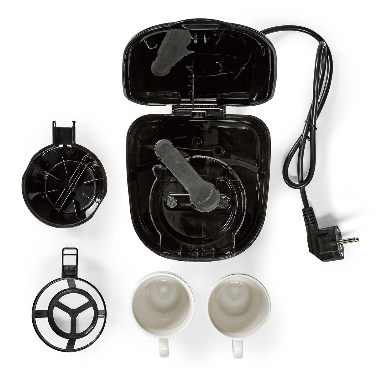 Ekspres do kawy zdemontowany. Zawiera uchwyt filtra, filtr, dwie filiżanki i czarny korpus z przewodem.