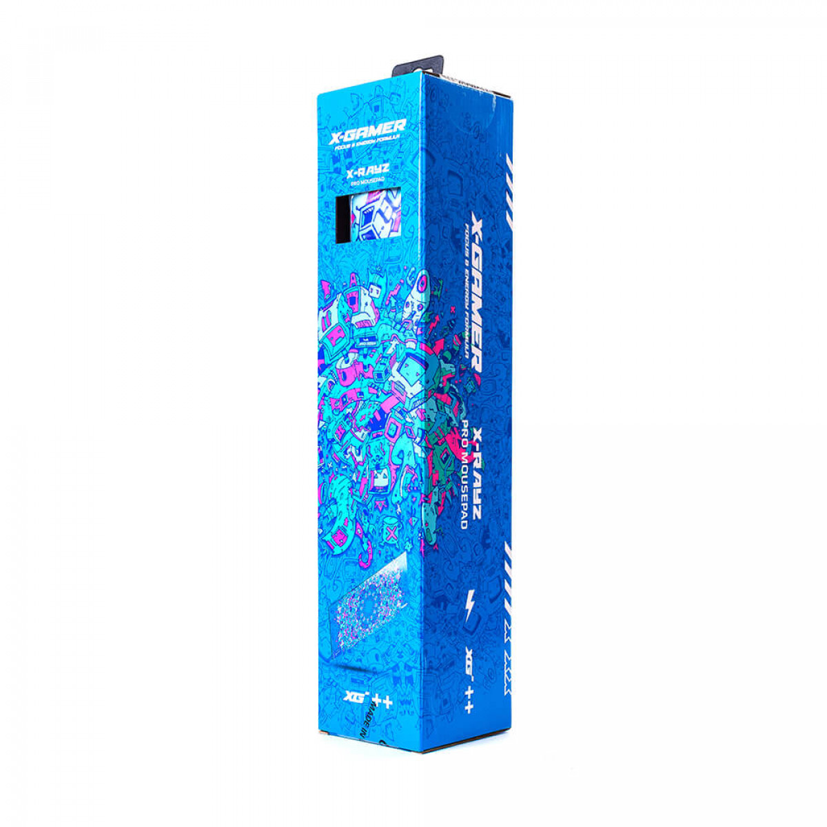 Hohe blaue X-Gamer-Box mit Spiel-Illustrationen und Text.