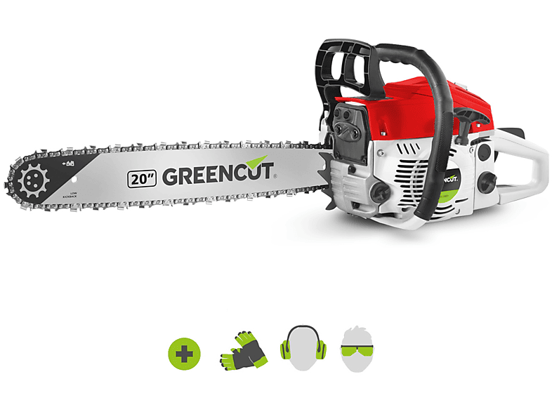 GREENCUT GS620X - Motosierra de gasolina con motor de 2 tiempos 62cc y  3,8cv con espada de 20'', Arranque Easy-Start, Sistema Anti-Vibración,  Tecnología TRU-SHARP : : Jardín