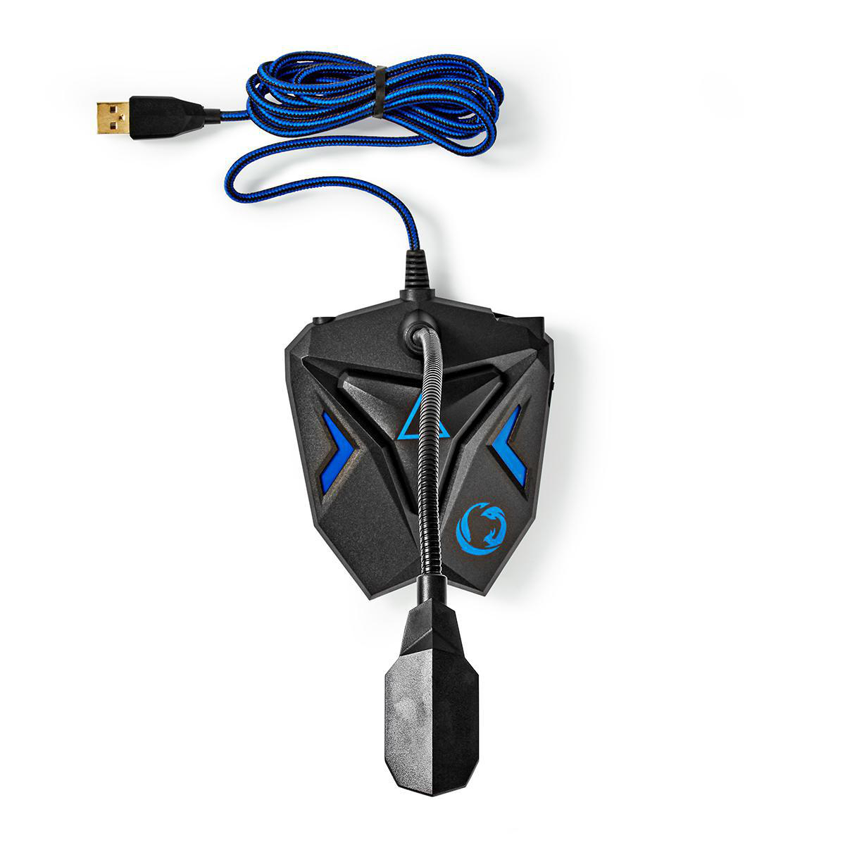 Schwarze Gaming-Maus mit blauen Akzenten und geflochtenem Kabel. Sie hat einen USB-Anschluss.