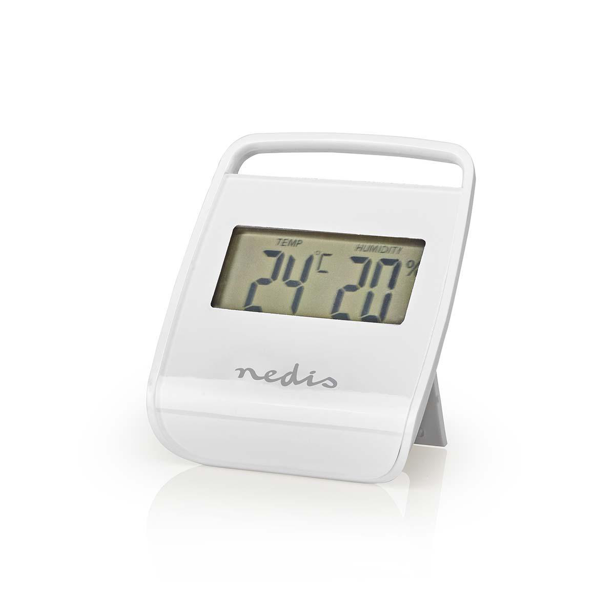 Weißes digitales Thermometer mit Anzeige 24 Grad und 20 Luftfeuchtigkeit. Weißer Hintergrund.
