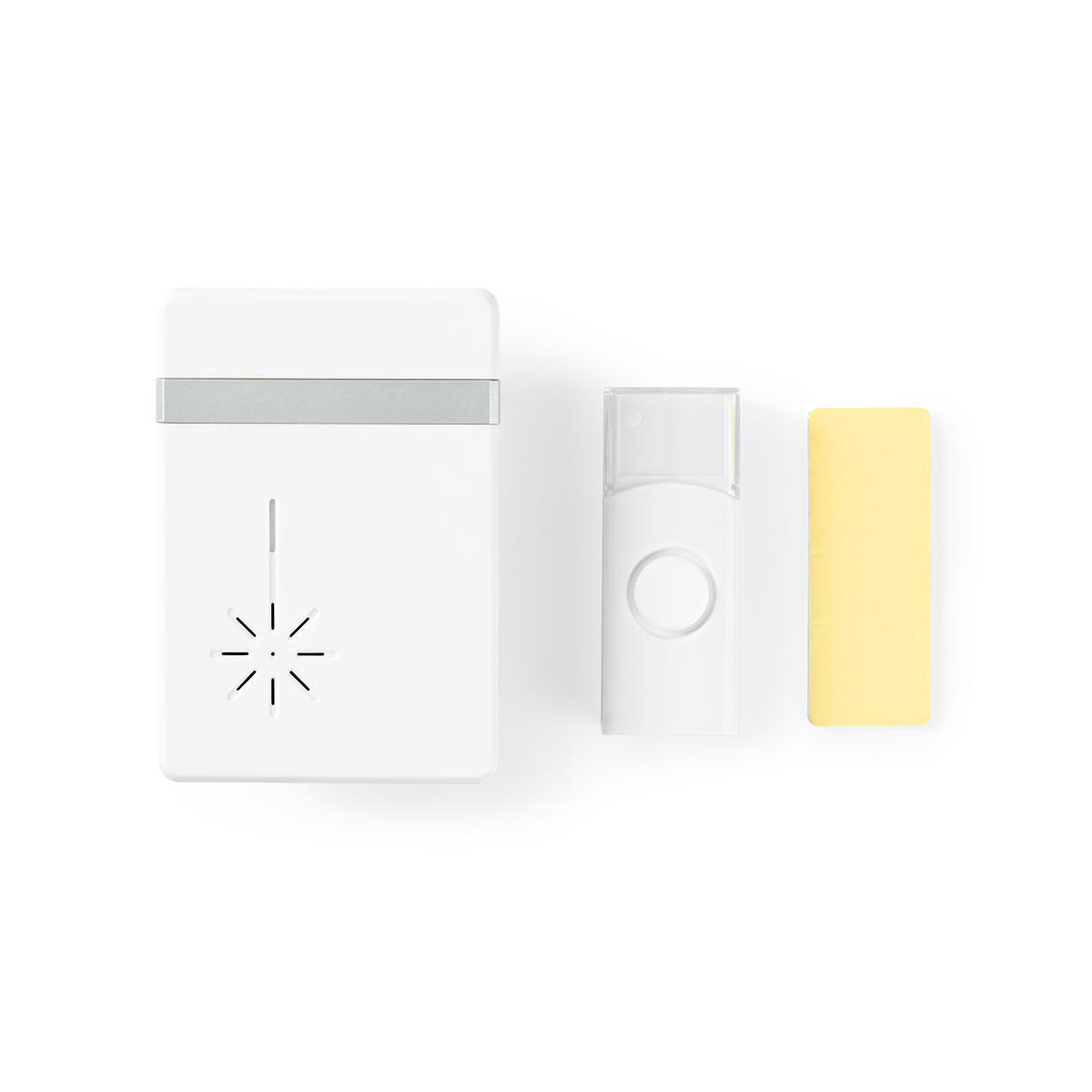 Biały zestaw dzwonka do drzwi. Składa się z białego odbiornika i białego nadajnika z żółtą etykietą.