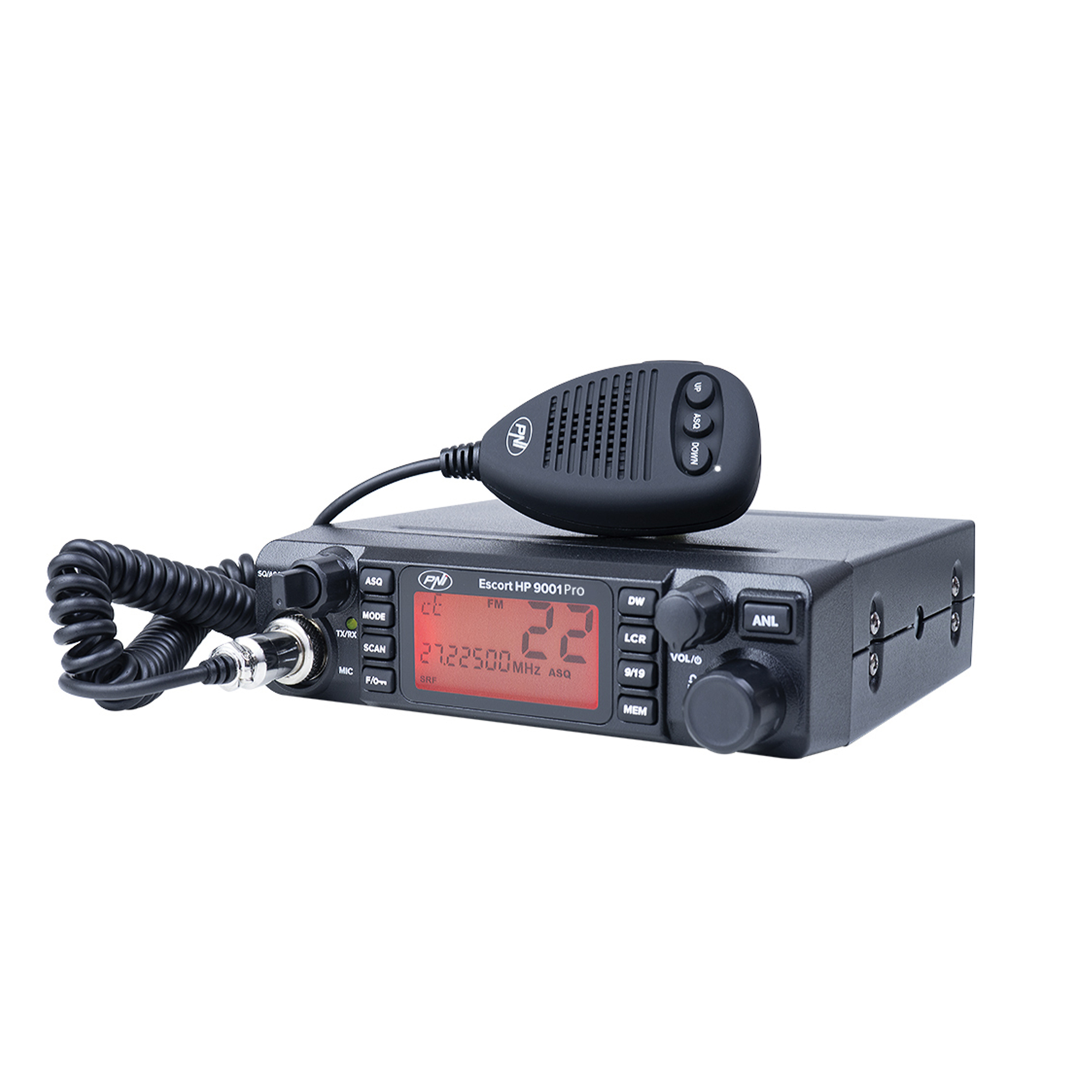 Ein schwarzes CB-Funkgerät mit Mikrofon auf weißem Hintergrund. Das Display zeigt '22'.