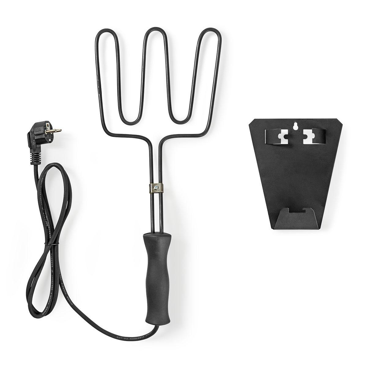 Forchetta per arrostire pollame nera con manico nero, spina e supporto nero staccato. Sfondo bianco.