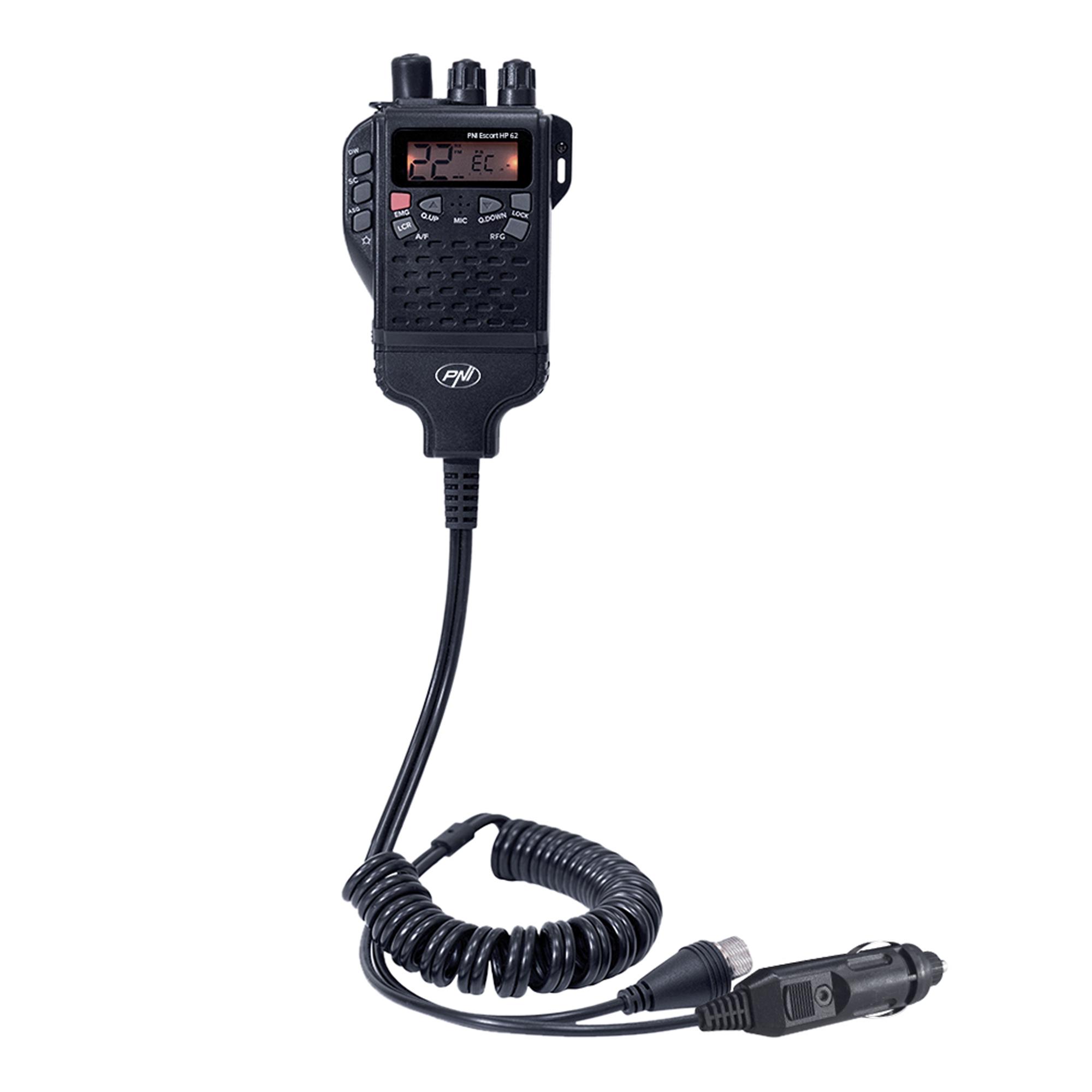 Radio portatile nera con cavo a spirale e adattatore per auto, isolata su sfondo bianco. Il display mostra '22'.