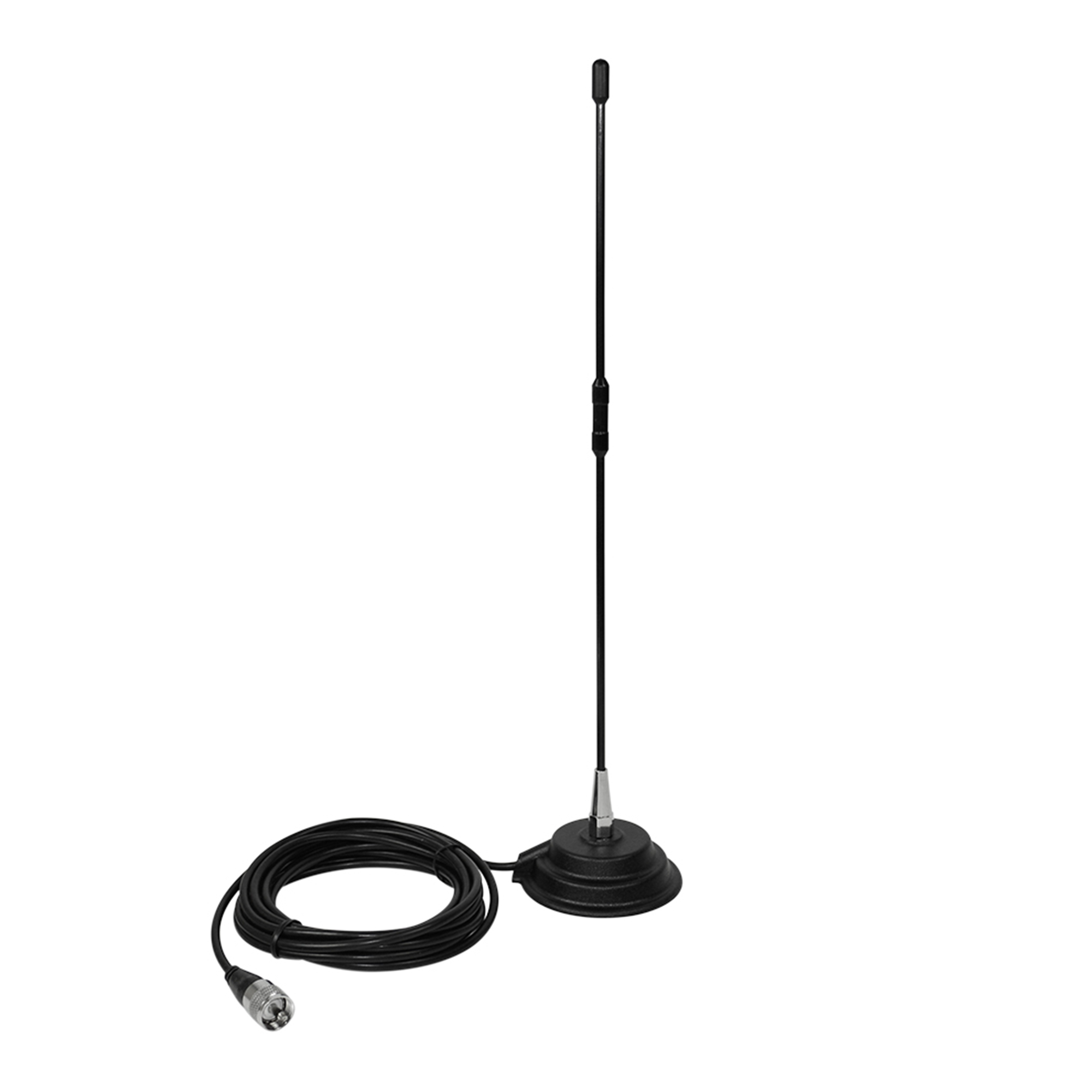 Un'antenna nera con base magnetica e cavo collegato. Su sfondo bianco.