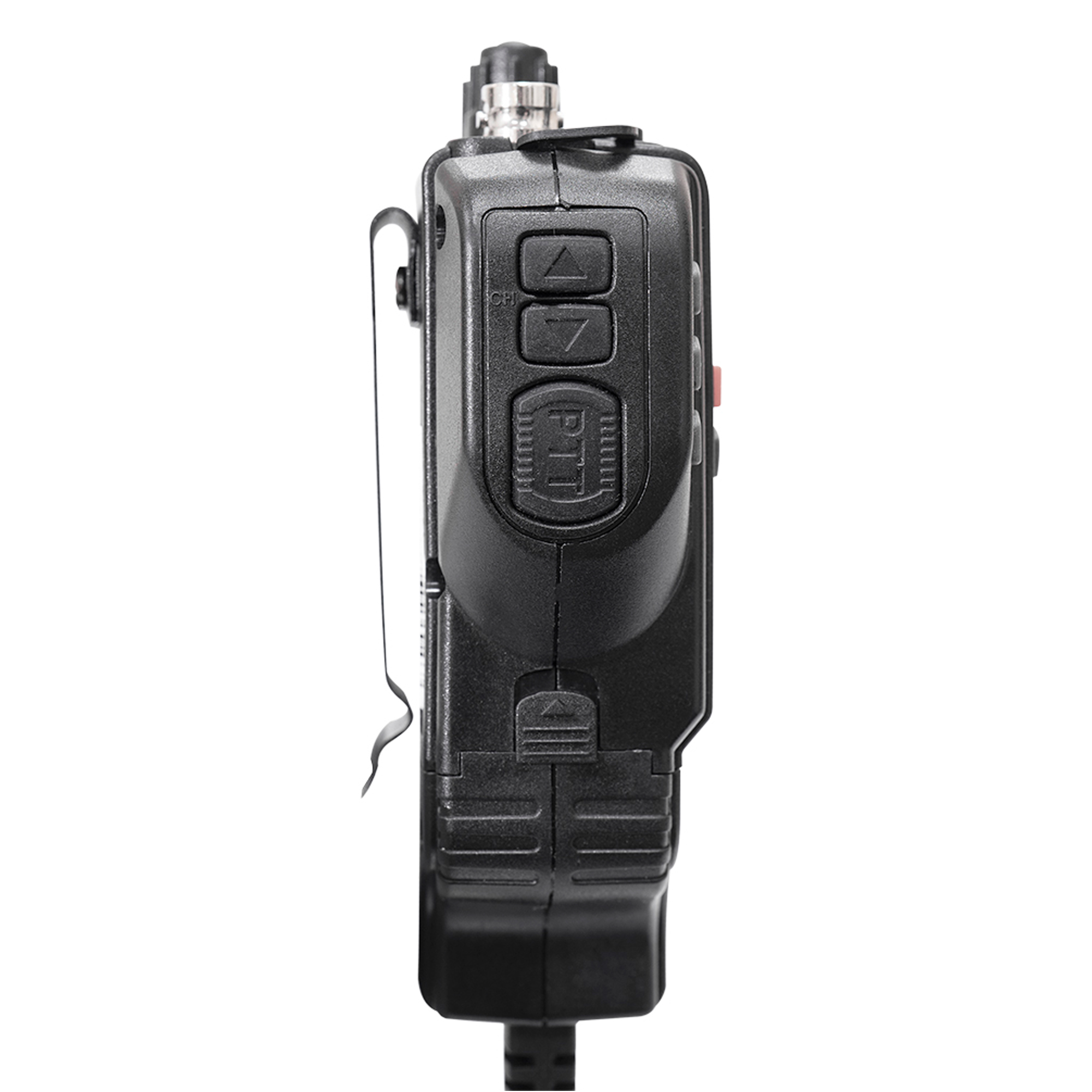 Walkie-talkie nero con pulsanti, antenna e clip per cintura, su sfondo bianco.