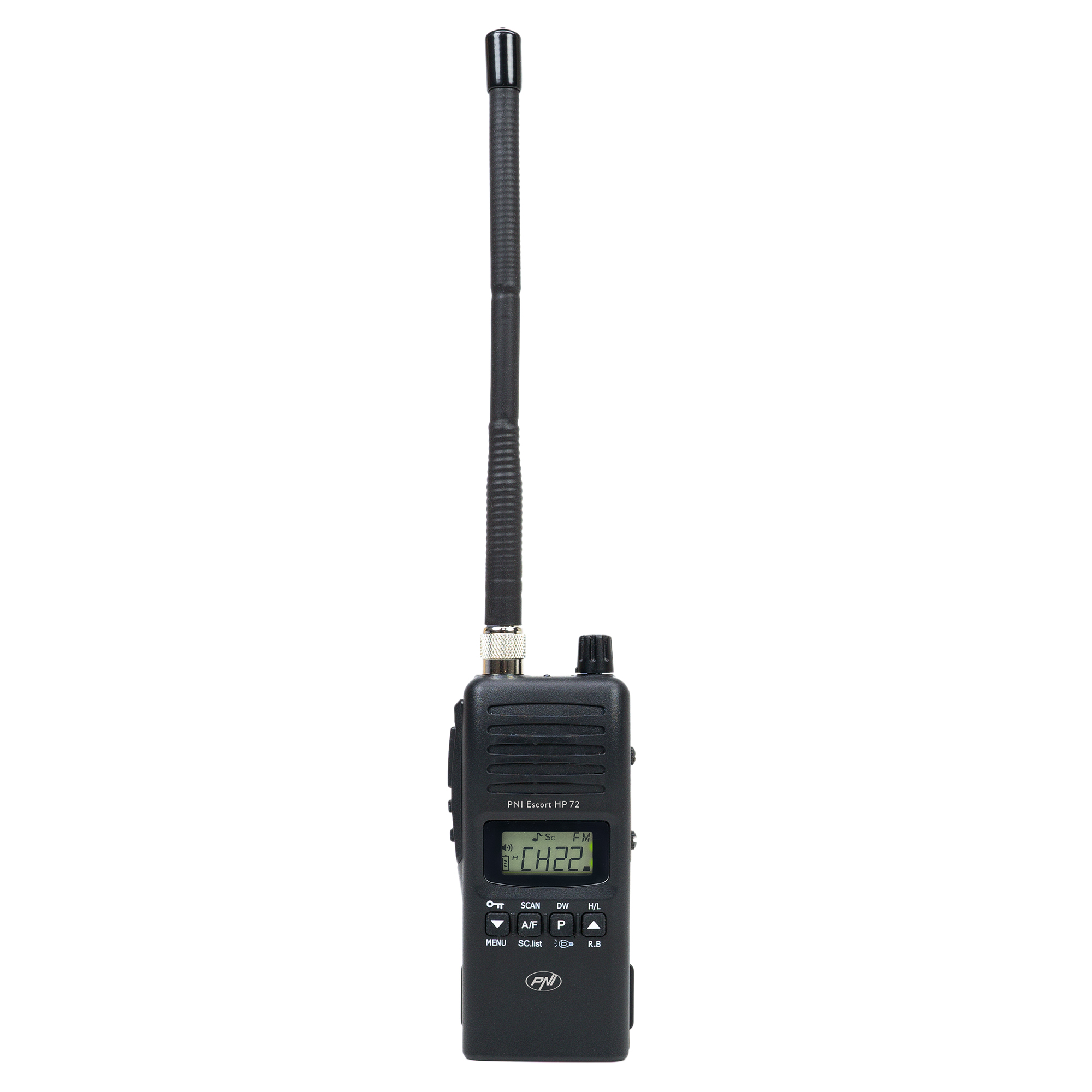Ein schwarzes PNI Escort HP 72 Funkgerät mit langer Antenne. Der Bildschirm zeigt CH22. Knöpfe und ein Logo sind sichtbar.