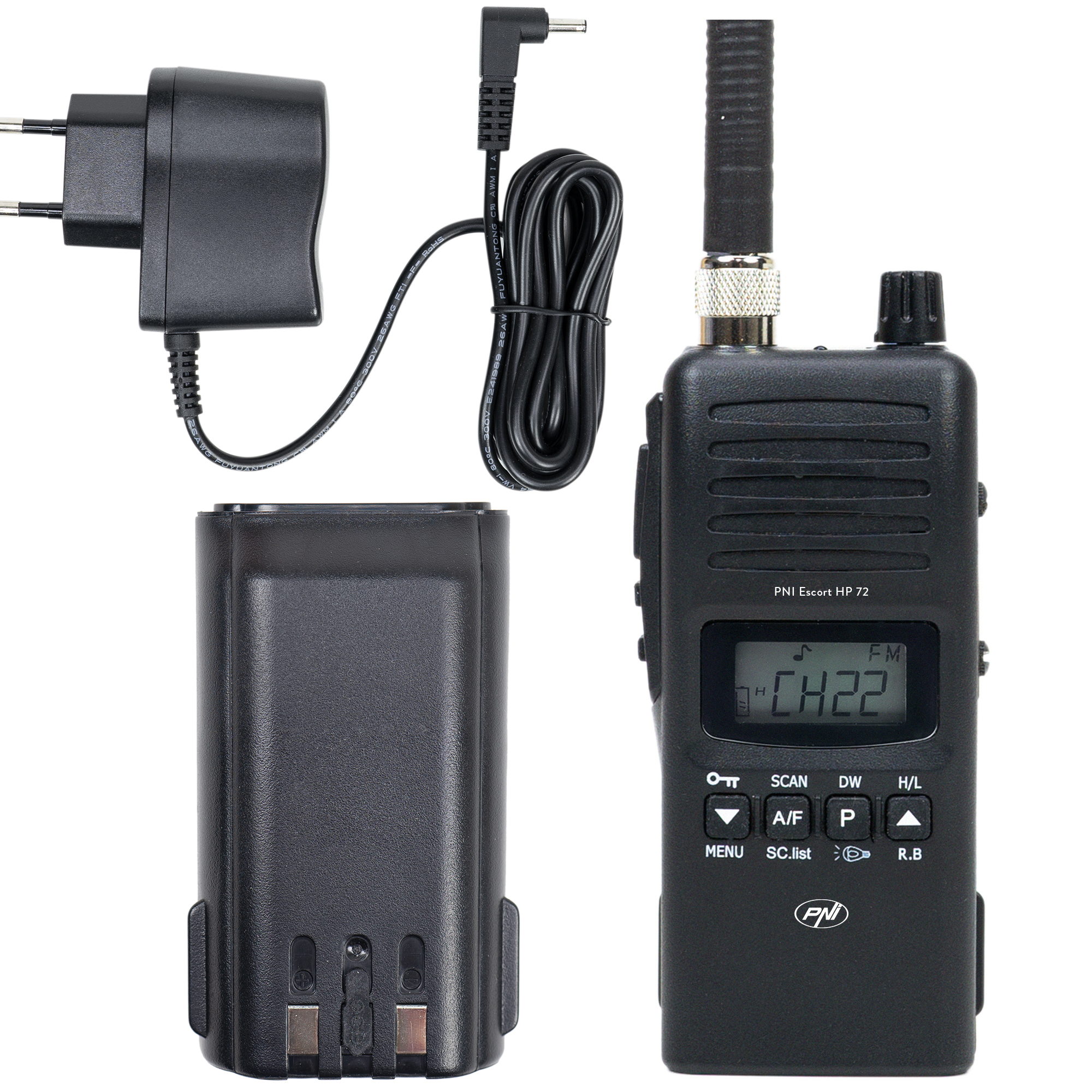Ein schwarzes Walkie-Talkie mit Antenne, Akku und Ladegerät auf weißem Hintergrund.
