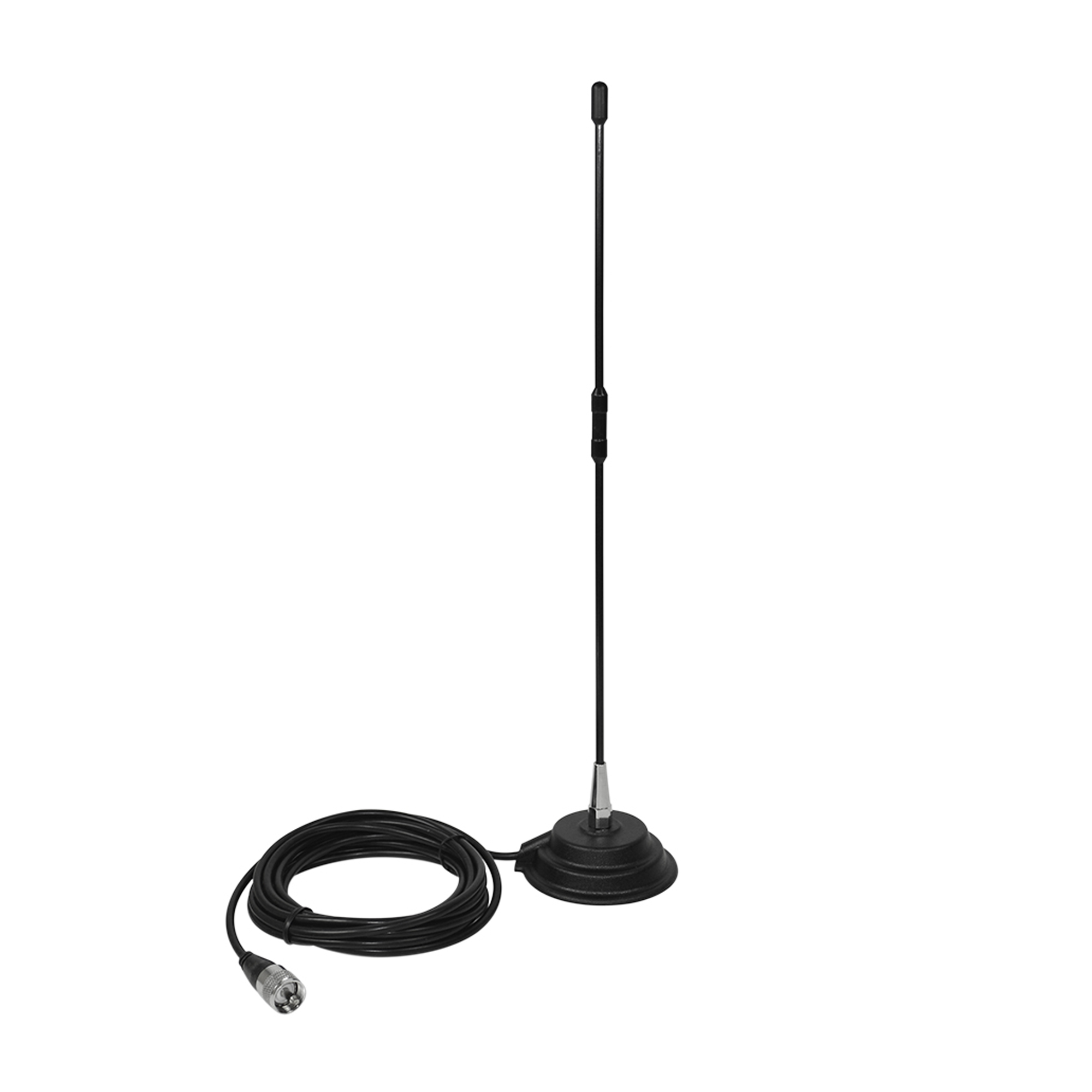 Eine schwarze Magnetantenne mit aufgerolltem Kabel und Stecker vor weißem Hintergrund.
