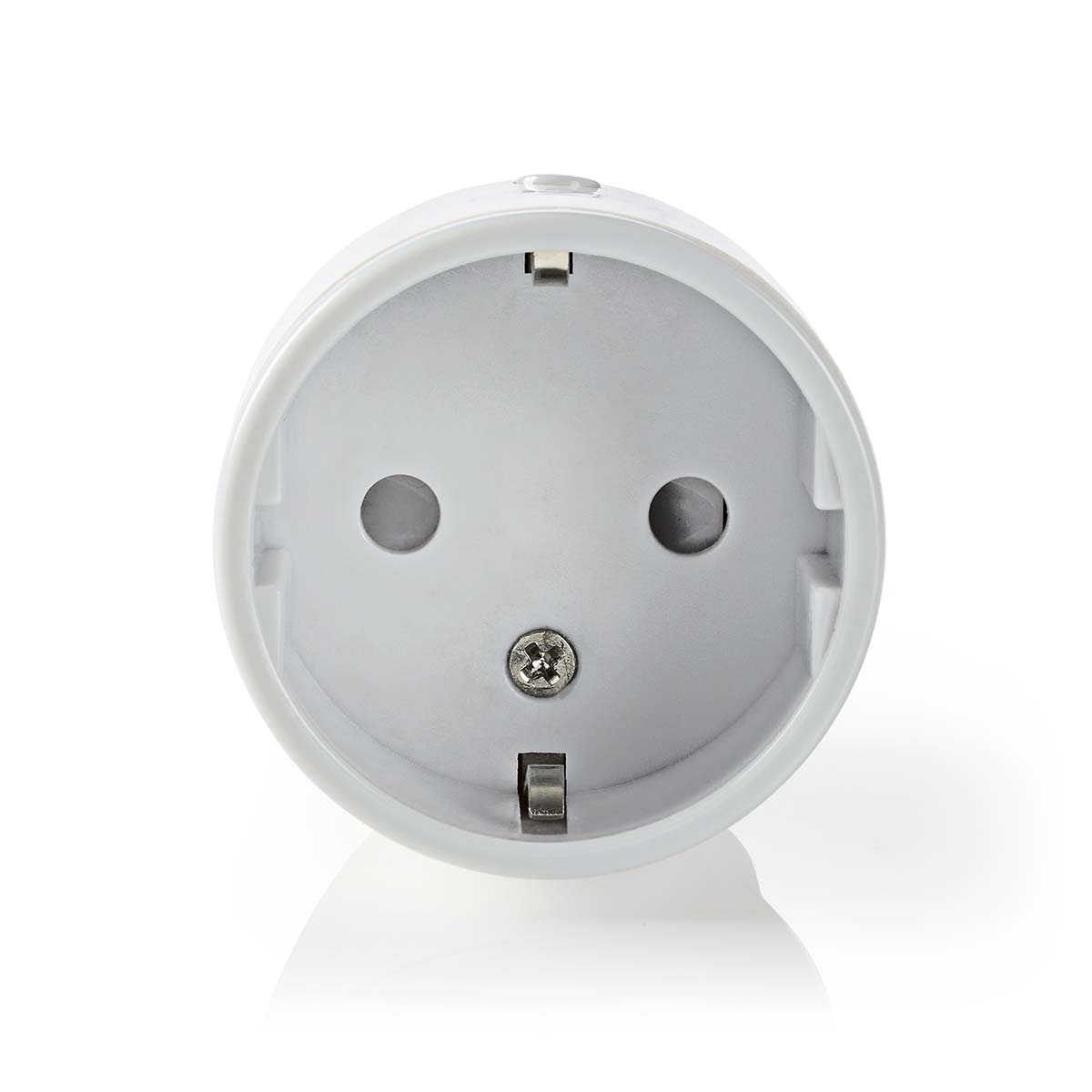 White electrical socket. Front view. Two holes, a screw and a white frame.