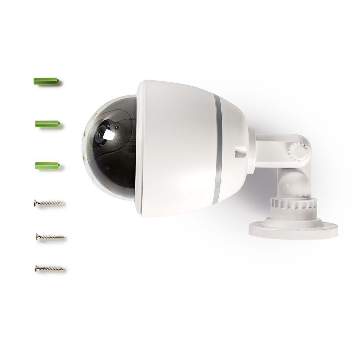 Telecamera di sicurezza bianca con hardware di montaggio su sfondo bianco.