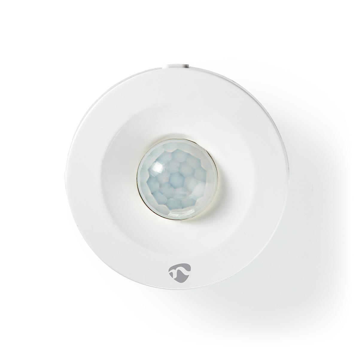 White motion sensor with a blue lens, on a white background, used for movement detection.