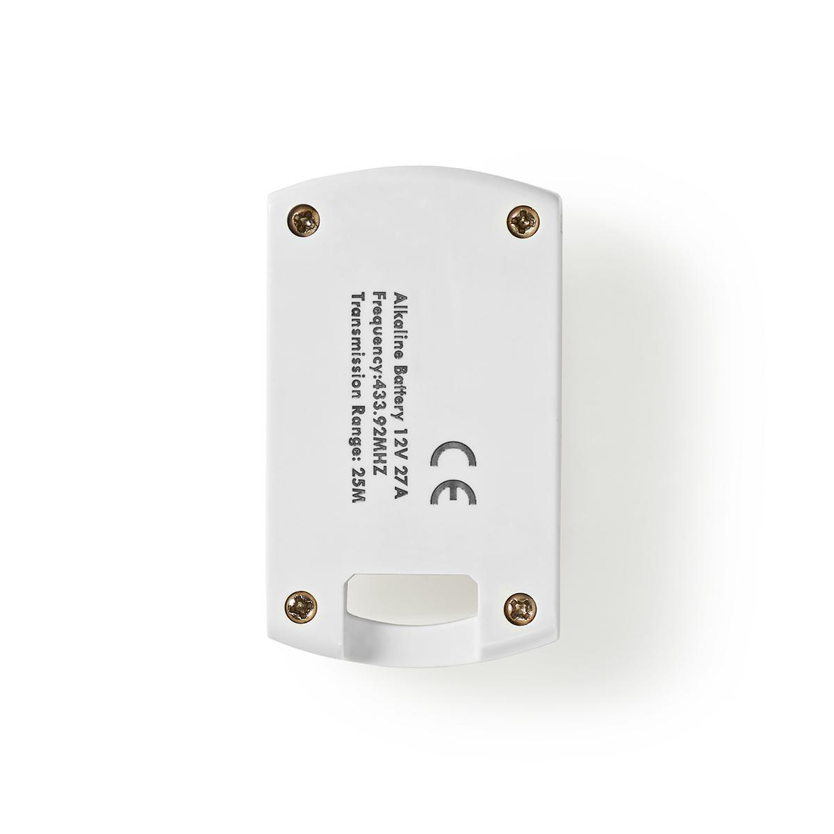 Weißes rechteckiges Gerät mit Schraubenlöchern und Text. Es lautet Alkaline-Batterie 12V 27A und CE.