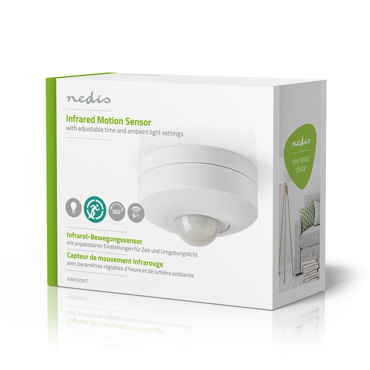 Caja con sensor de movimiento blanco, detalles del producto e iconos. Marca 'nedis'.