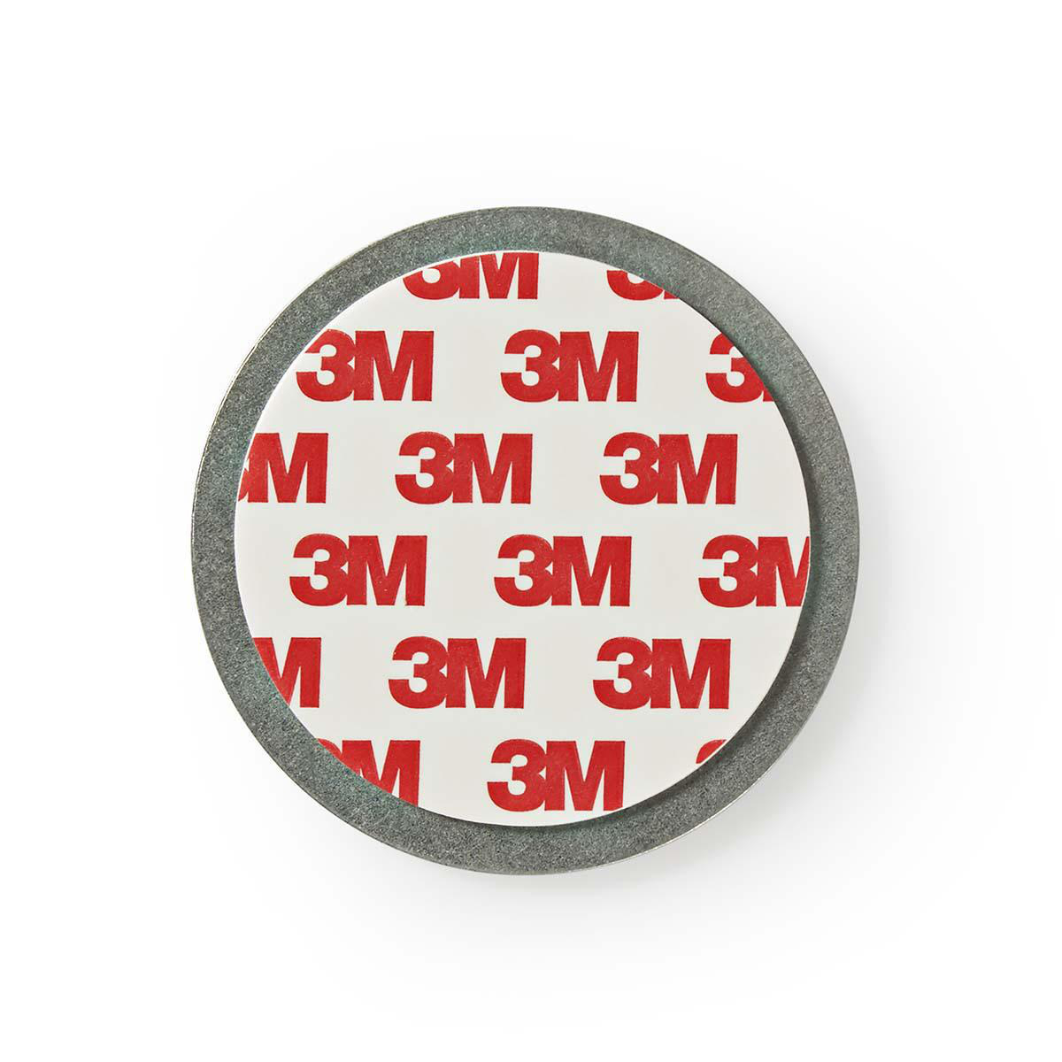 Adesivo rotondo grigio con testo rosso '3M'. Ha un centro bianco.