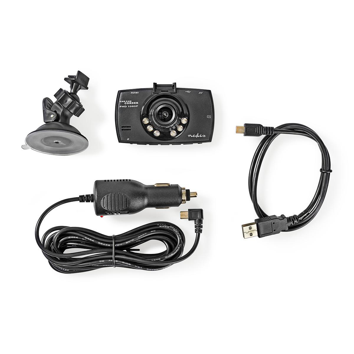 Dash cam nera e accessori: supporto a ventosa, caricabatterie, cavi e supporto.