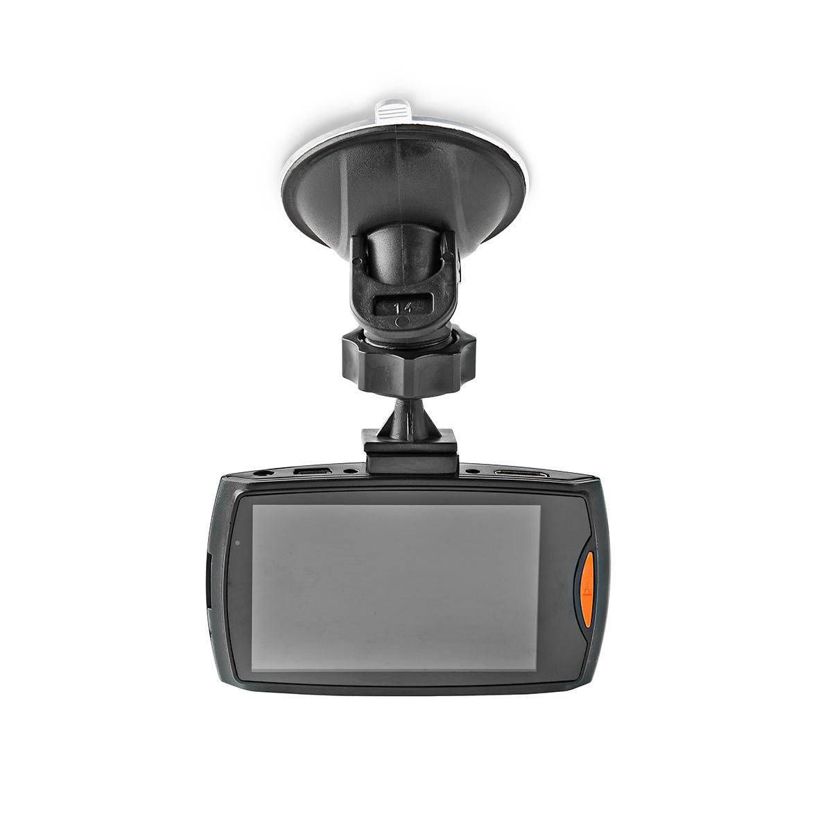 Una dashcam nera montata con una ventosa su sfondo bianco.