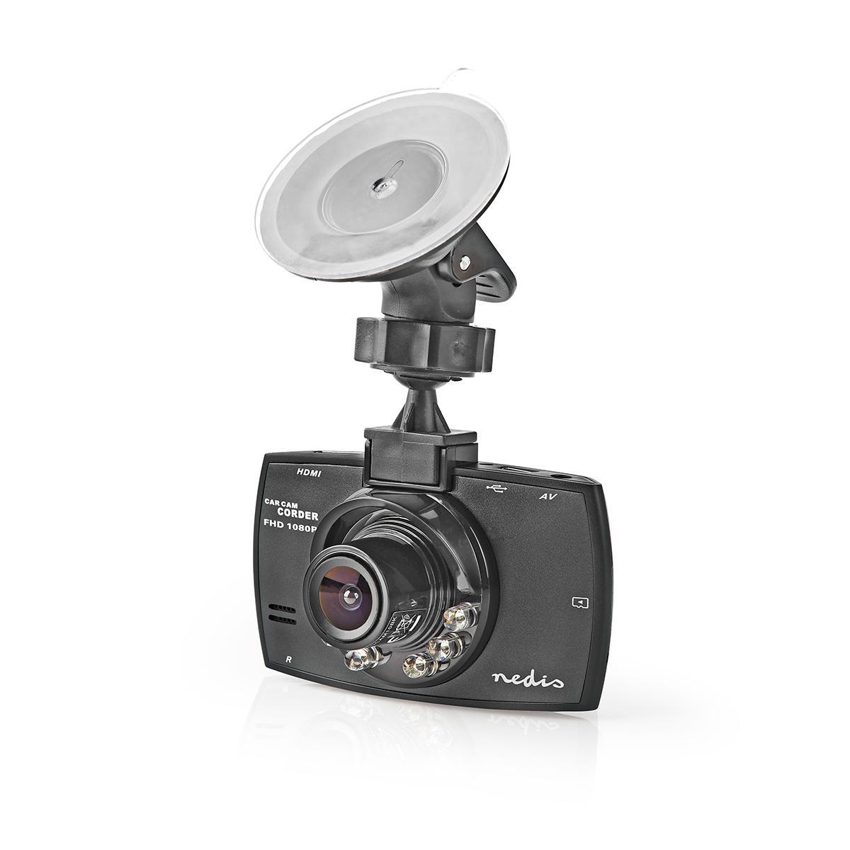 Dash cam nera con supporto a ventosa. Ha un obiettivo e un display.