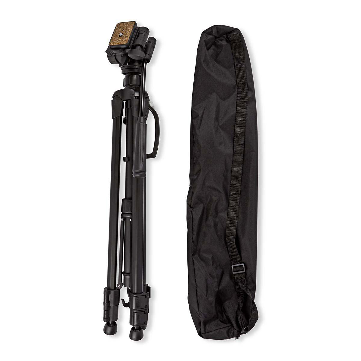Black tripod and carrying case on a white background.