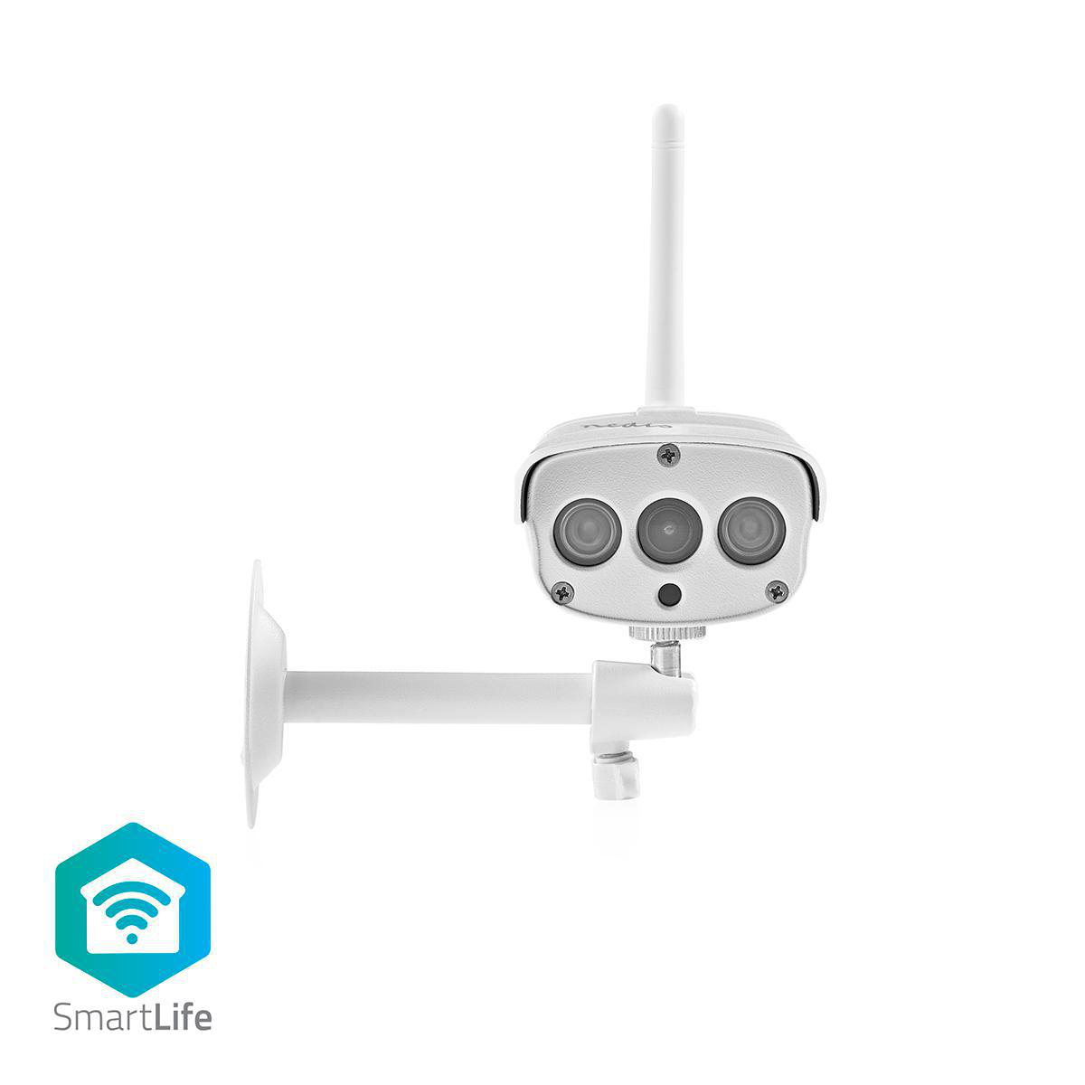 Telecamera di sicurezza intelligente bianca con tre lenti e un'antenna. Su sfondo bianco.