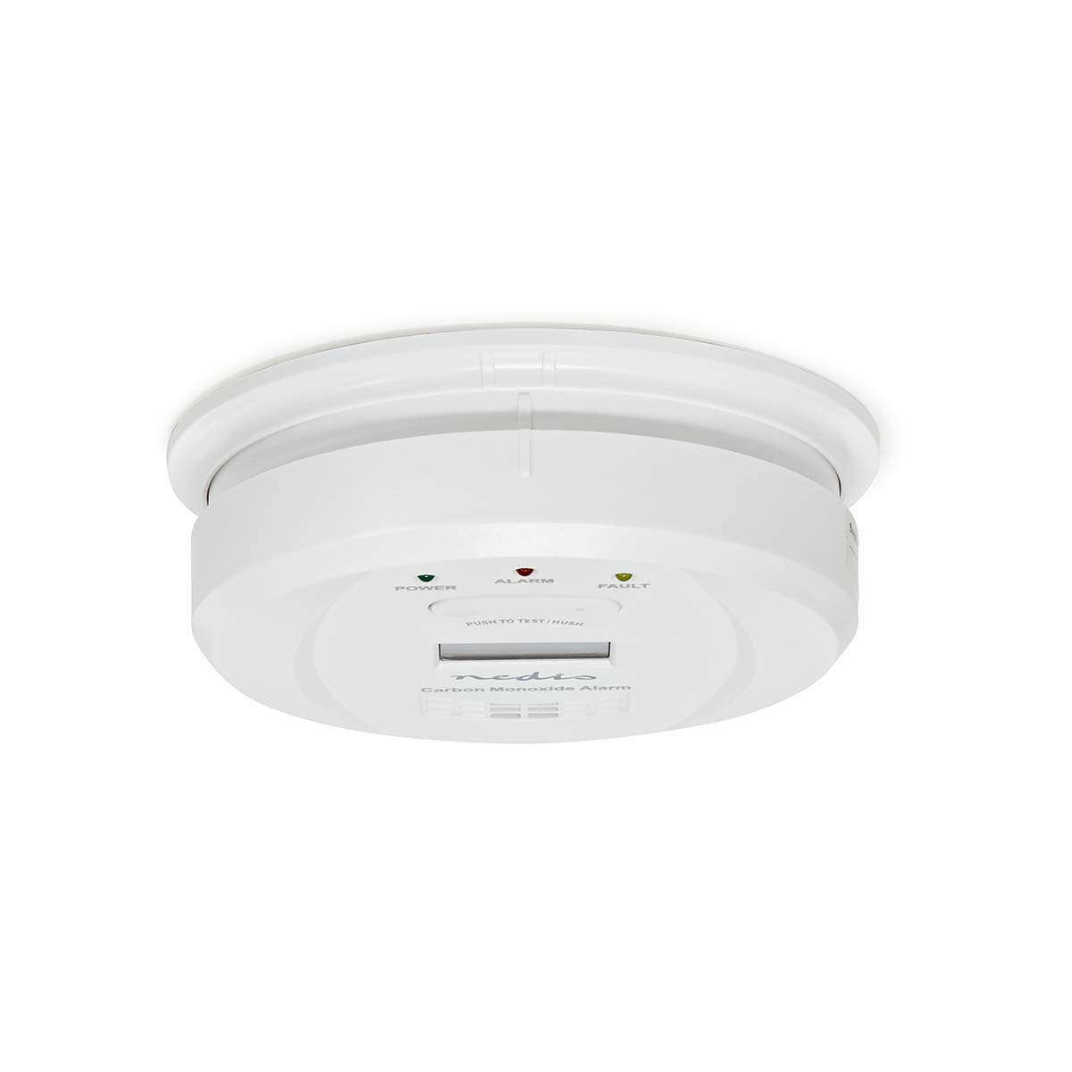 Allarme monossido di carbonio bianco. Ha indicatori 'POWER', 'ALARM' e 'FAULT'.