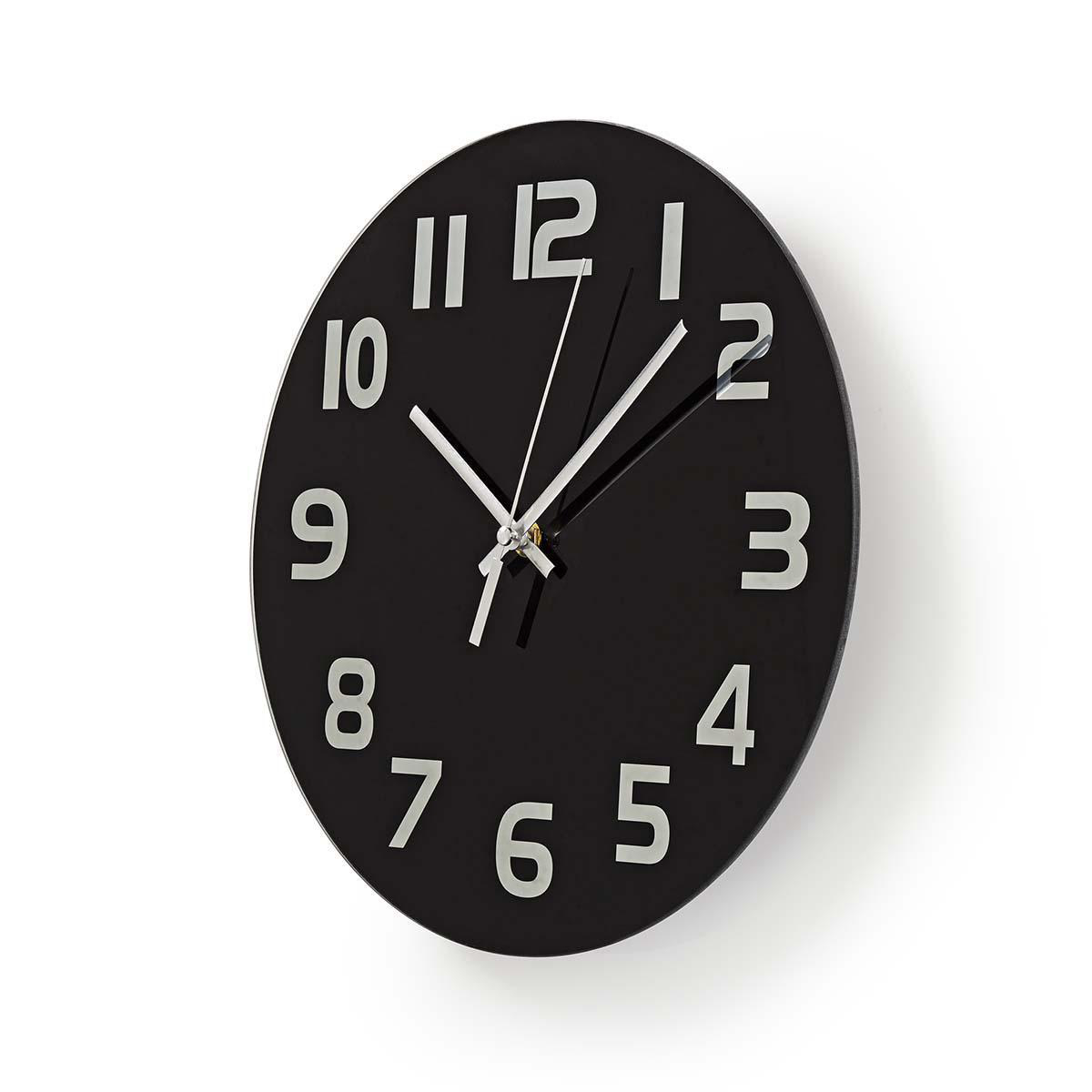 Eine schwarze Wanduhr mit weißen Zahlen und Zeigern auf weißem Untergrund.