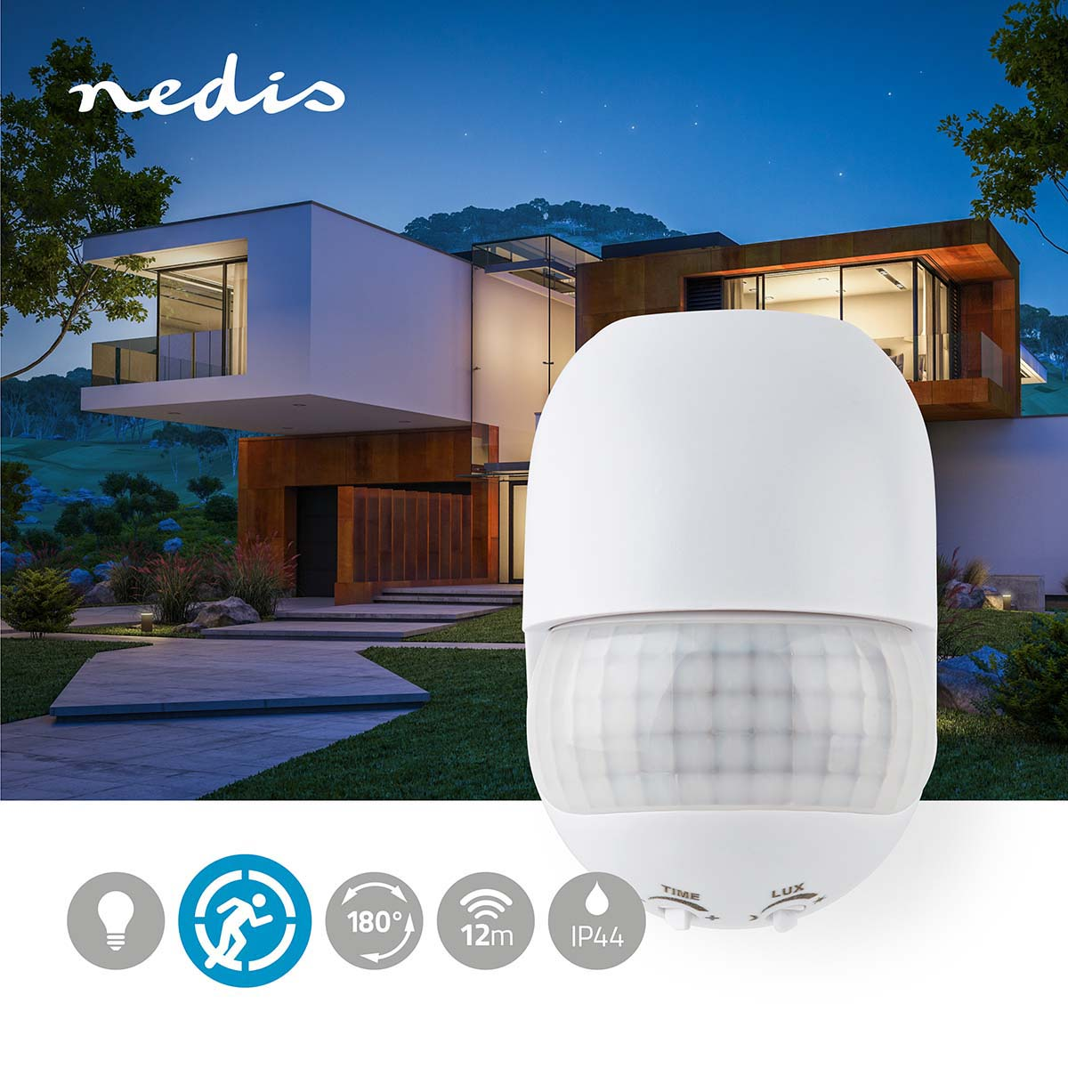 Biały czujnik ruchu z ustawieniami. Dom w tle. Ikony na dole. Scena nocna.