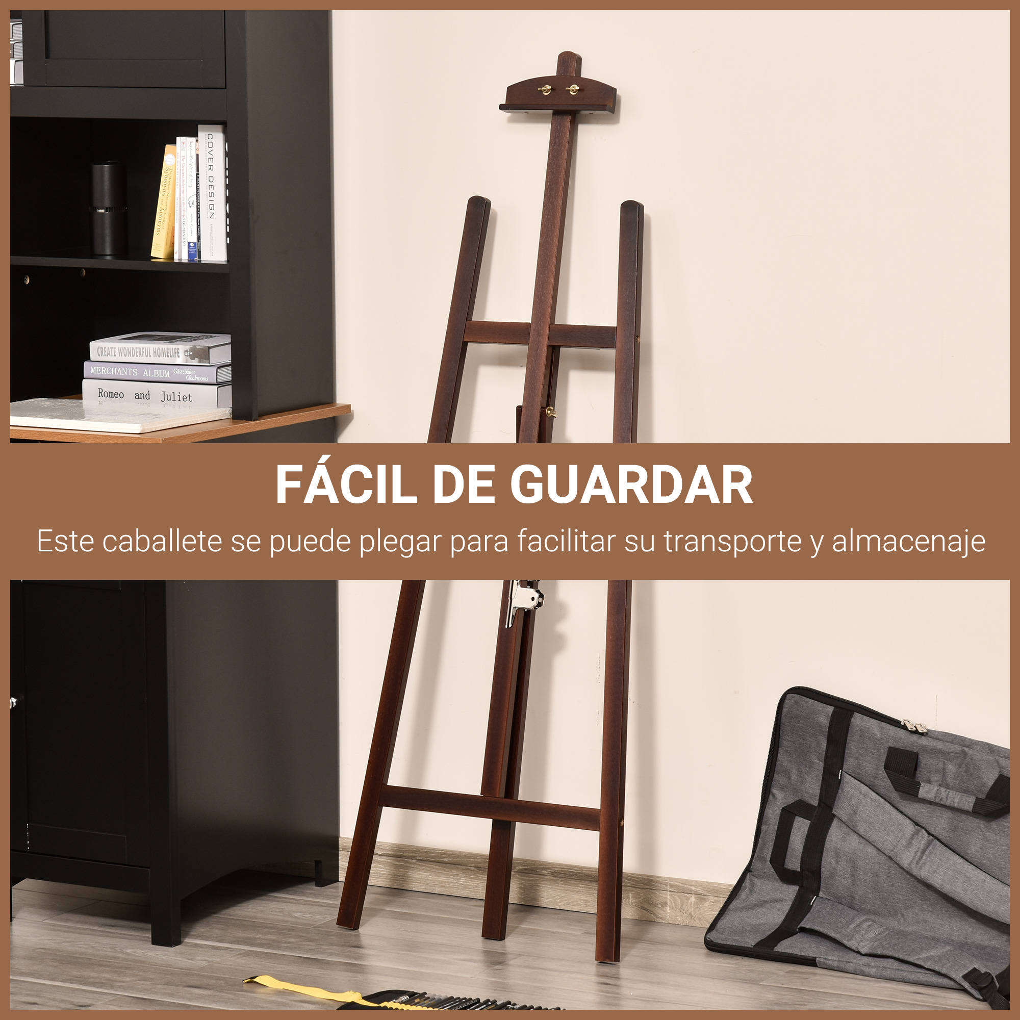 Caballete de artista de madera, plegado. Texto: 'FÁCIL DE GUARDAR'. Facilita transporte y almacenamiento.