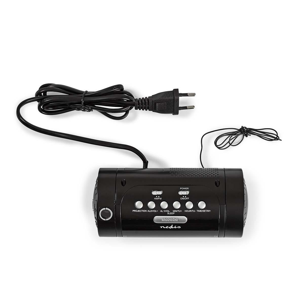 Ein schwarzer Radio-Wecker mit einem schwarzen Netzkabel. Es steht auf einer weißen Oberfläche.
