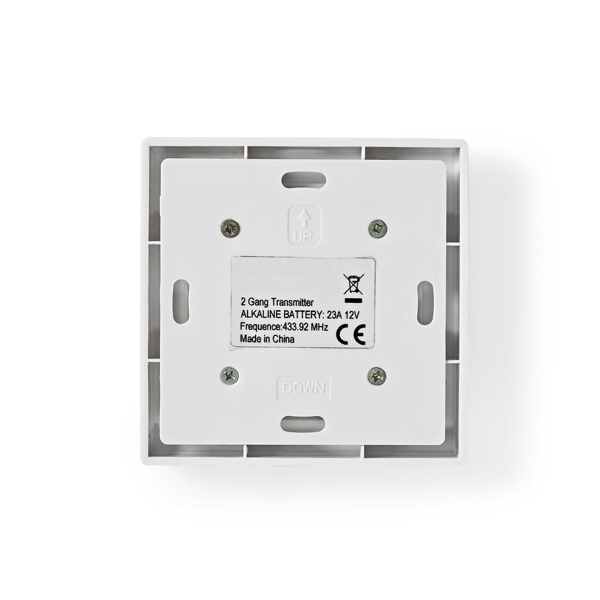 White 2 Gang Transmitter. Text labels and a CE mark are visible on the back.