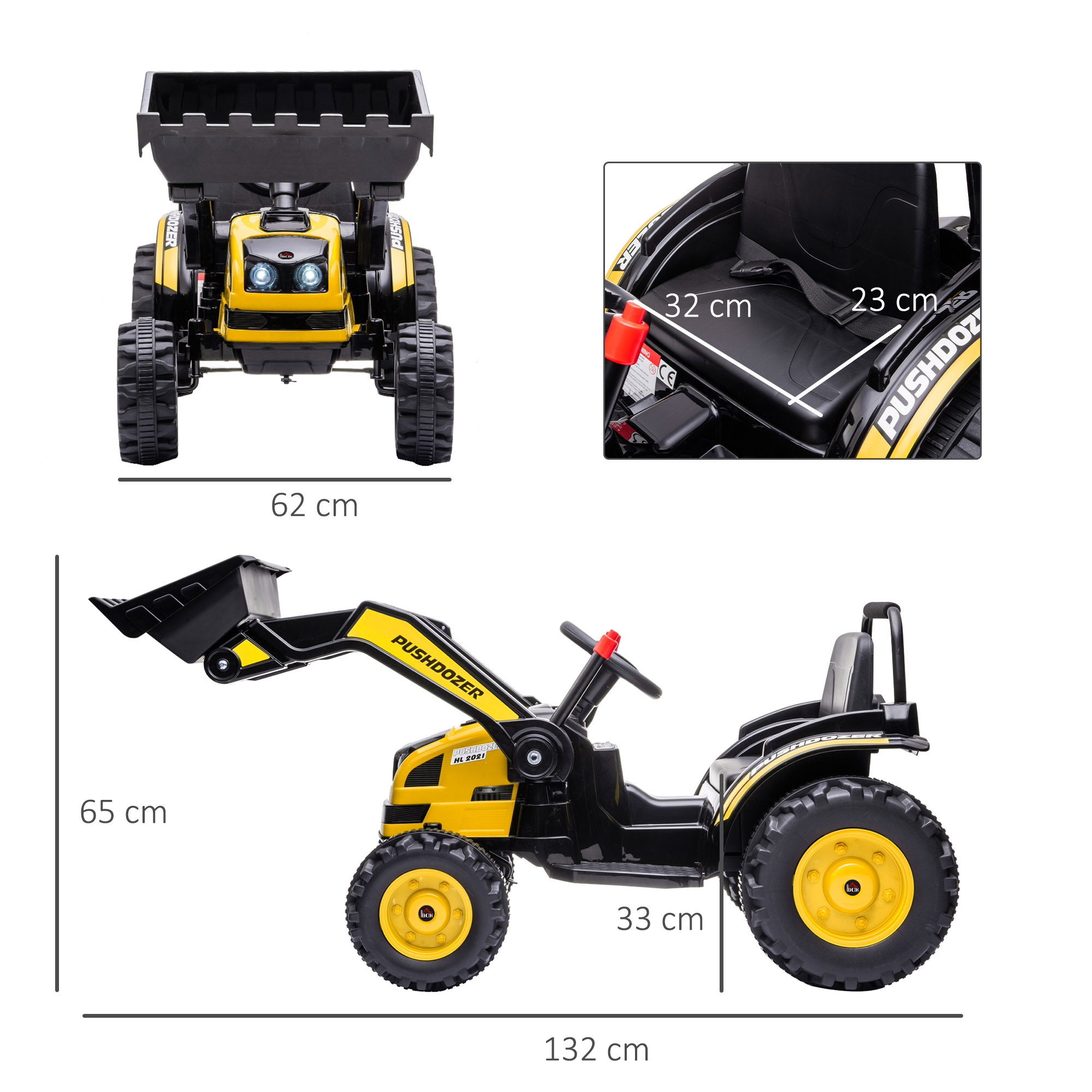 Trattore giocattolo giallo e nero con grande benna anteriore. Dimensioni incluse.