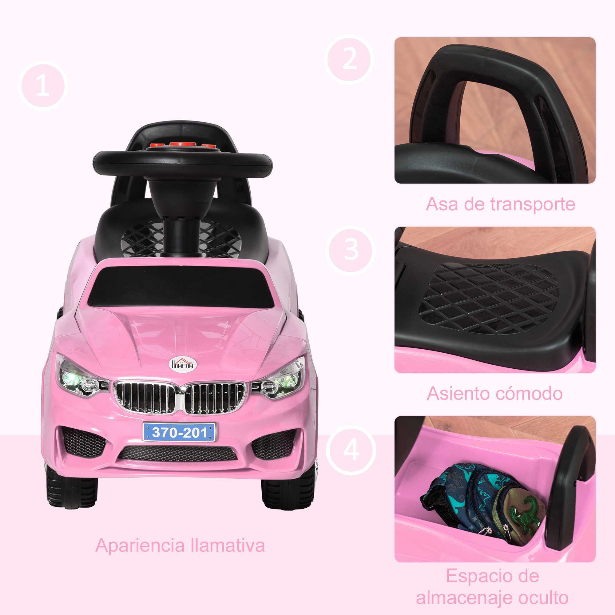 Un coche de juguete rosa con detalles como espacio de almacenamiento y asiento cómodo, con primeros planos.