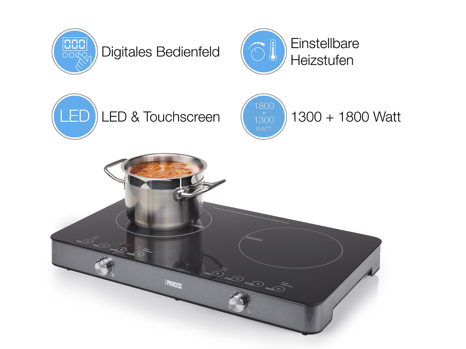 PRINCESS 303011 Mobile Induktion Doppelkochplatte (58 cm breit, 2 Kochfelder)
