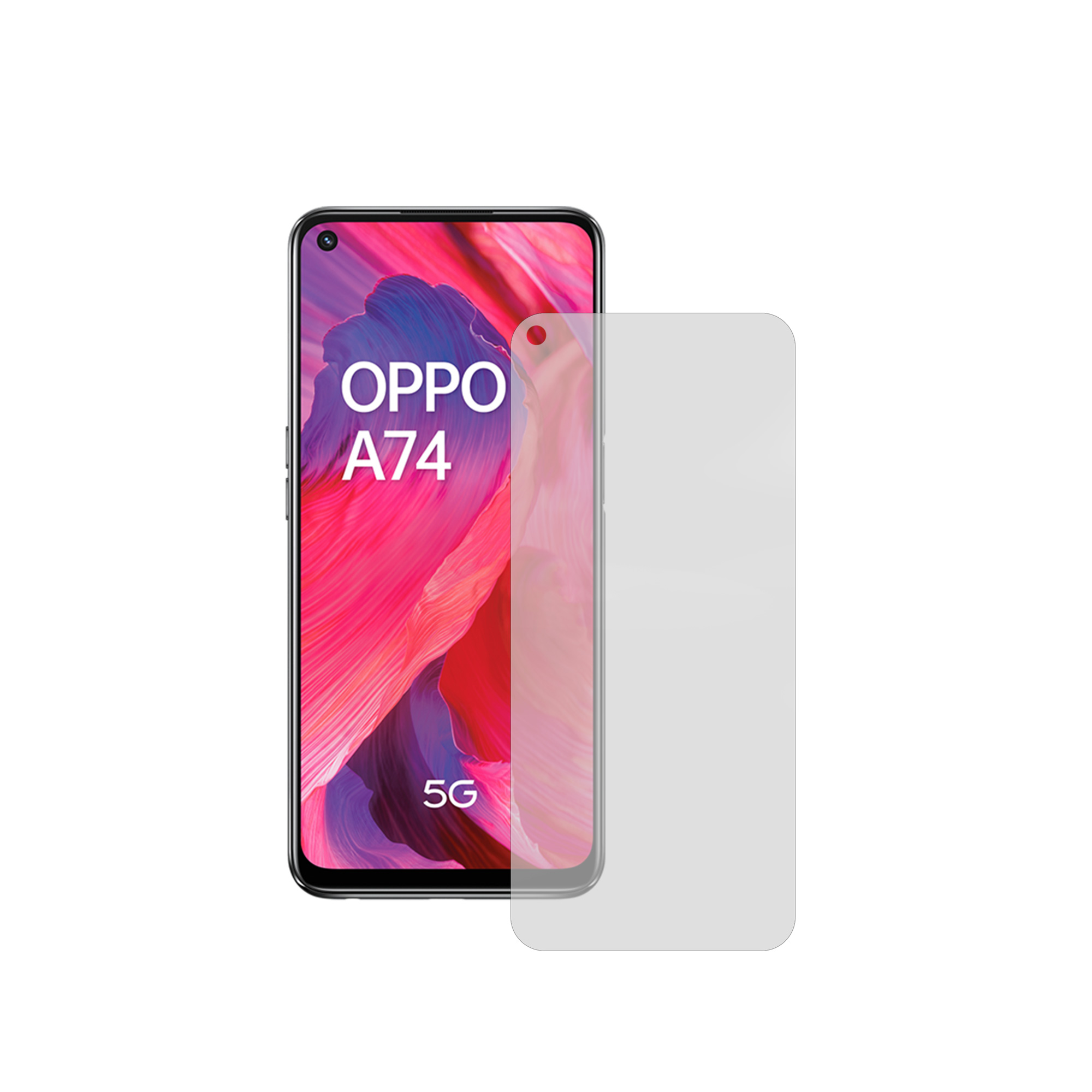 Smartphone OPPO A74 con una protezione per lo schermo sovrapposta.