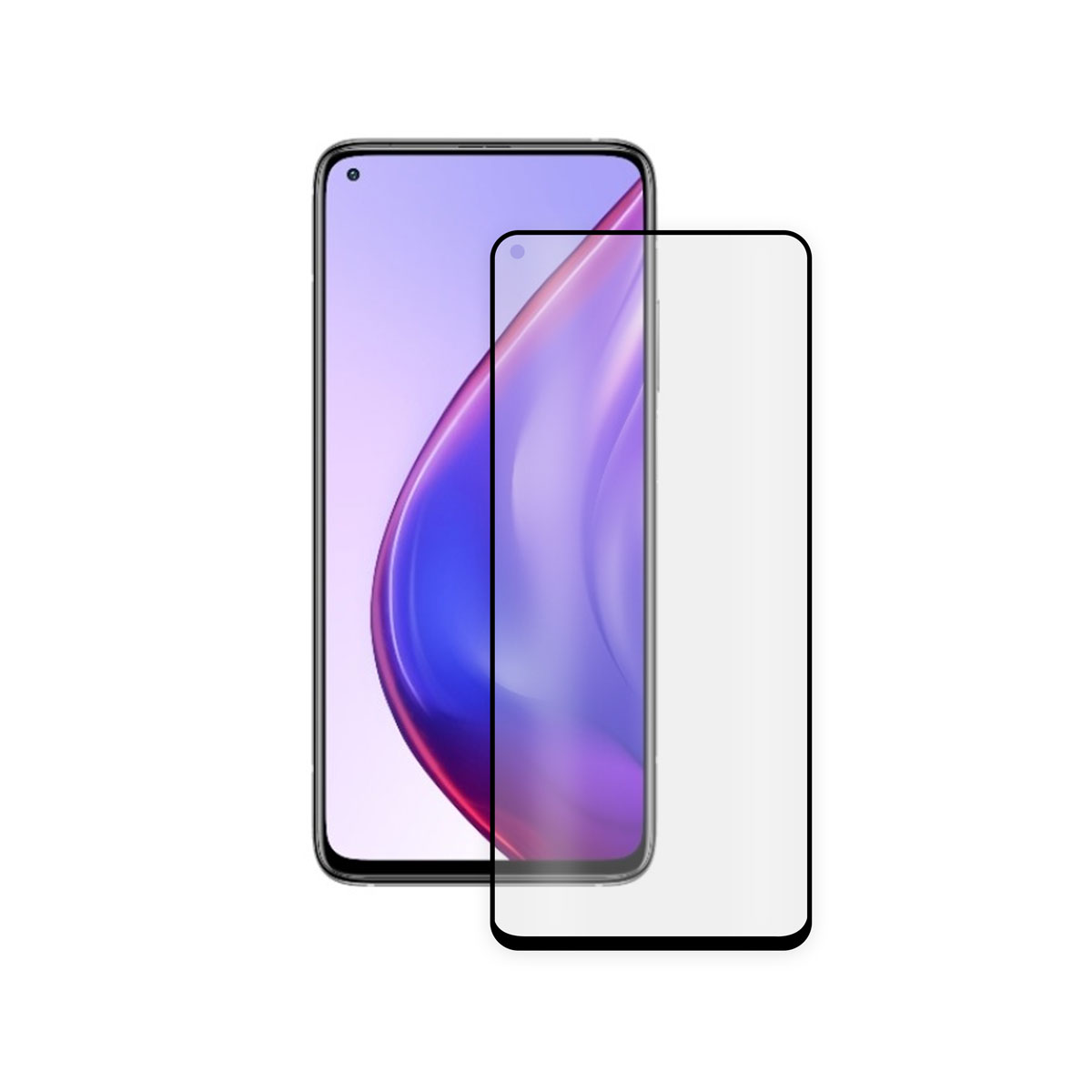 Un telefono nero con una protezione per lo schermo accanto. Il telefono ha uno sfondo sfumato viola.
