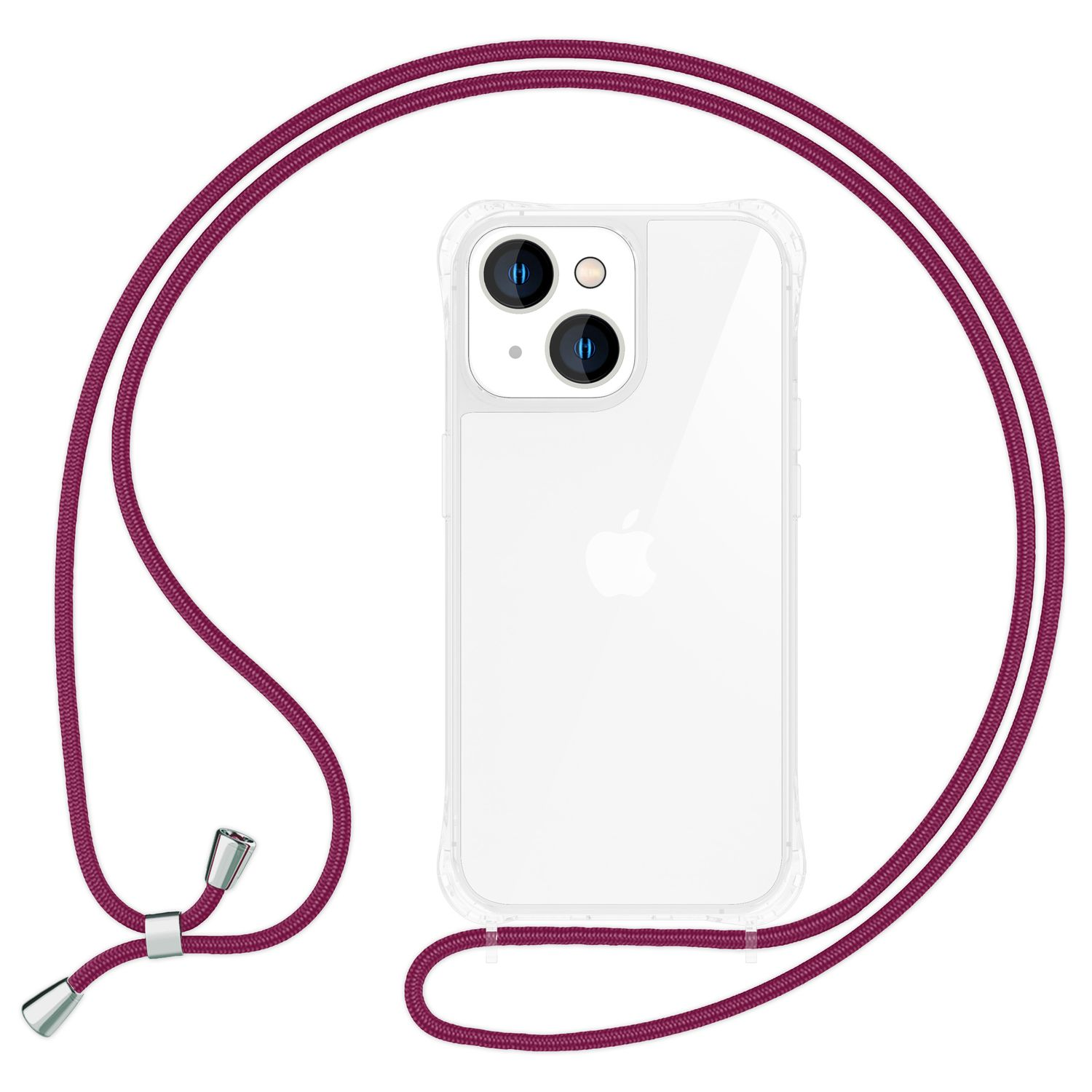 Funda transparente para teléfono con cordón rosa sobre fondo blanco.