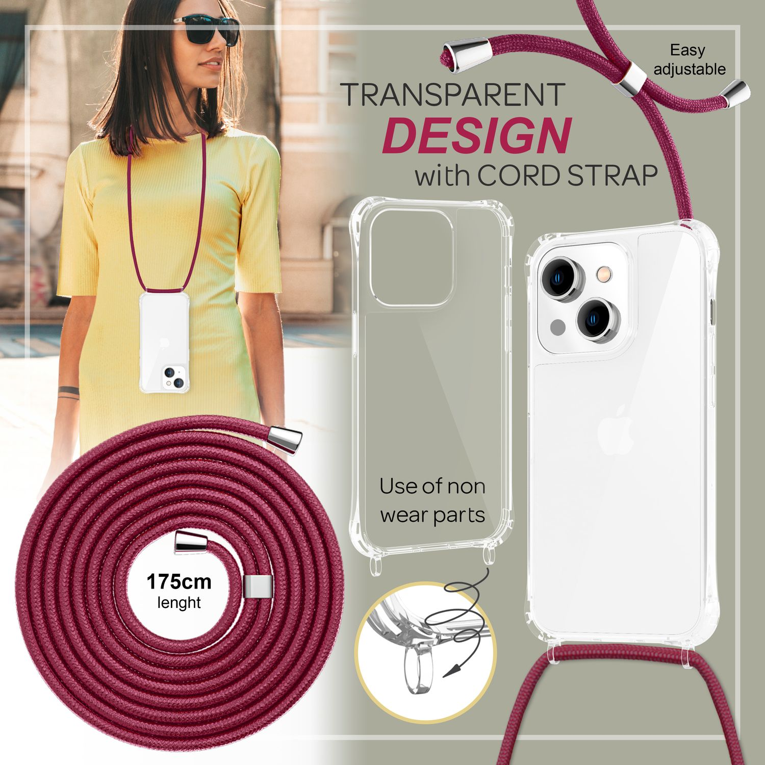 Mujer con teléfono en funda transparente con correa. Texto: Diseño transparente, uso de piezas no desgastables, 175cm largo.