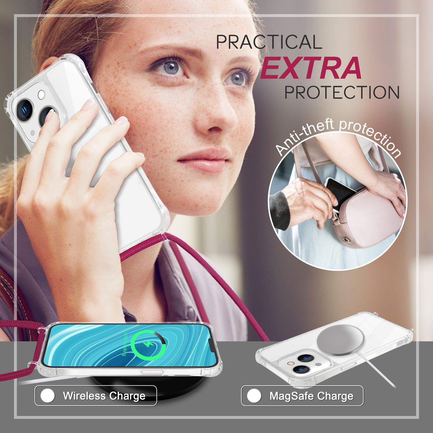 Mujer con funda transparente, mostrando el teléfono en un cargador inalámbrico y MagSafe.
