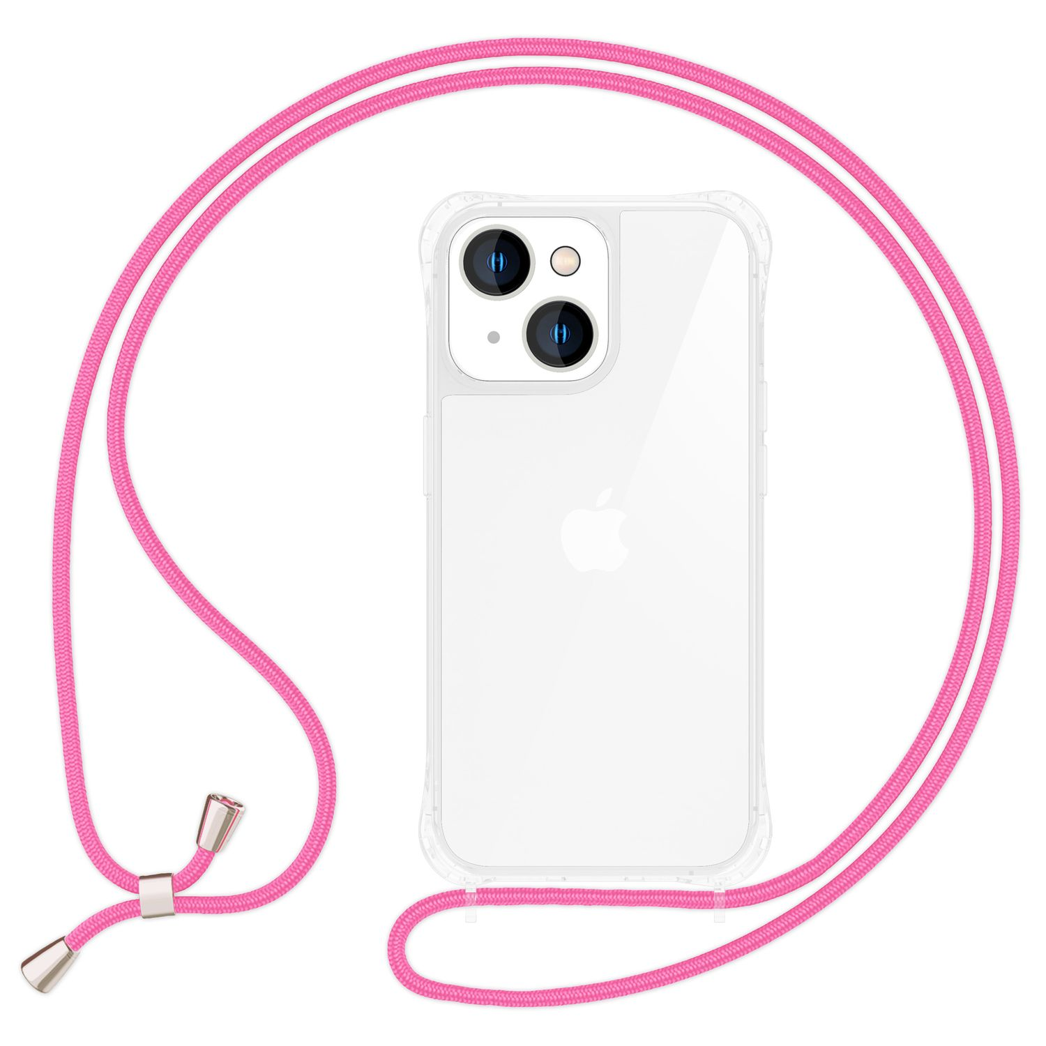 Funda transparente para teléfono con cordón rosa. El teléfono tiene cámara y se ve el logo de Apple.