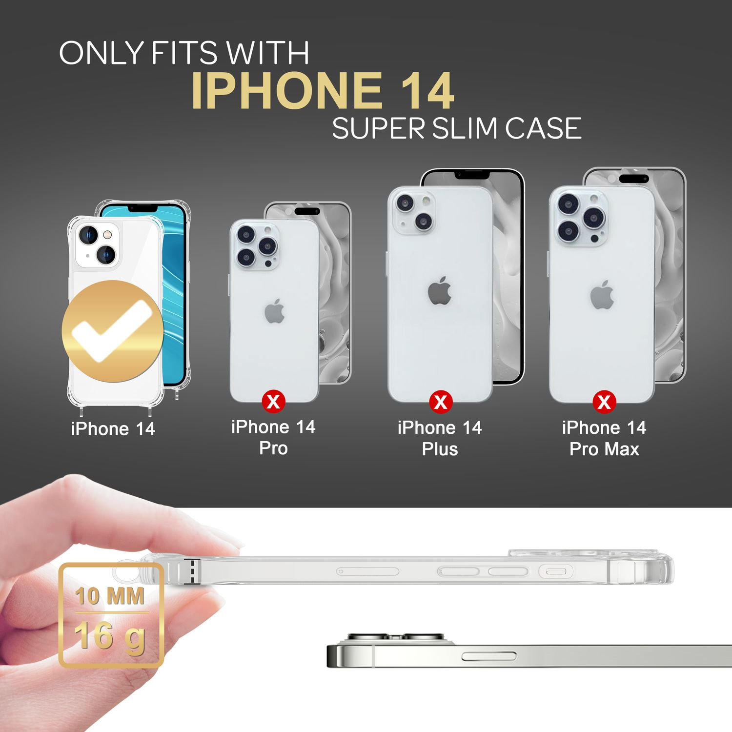 Comparación de fundas para iPhone 14. Fundas a la izquierda, modelos de iPhone a la derecha.