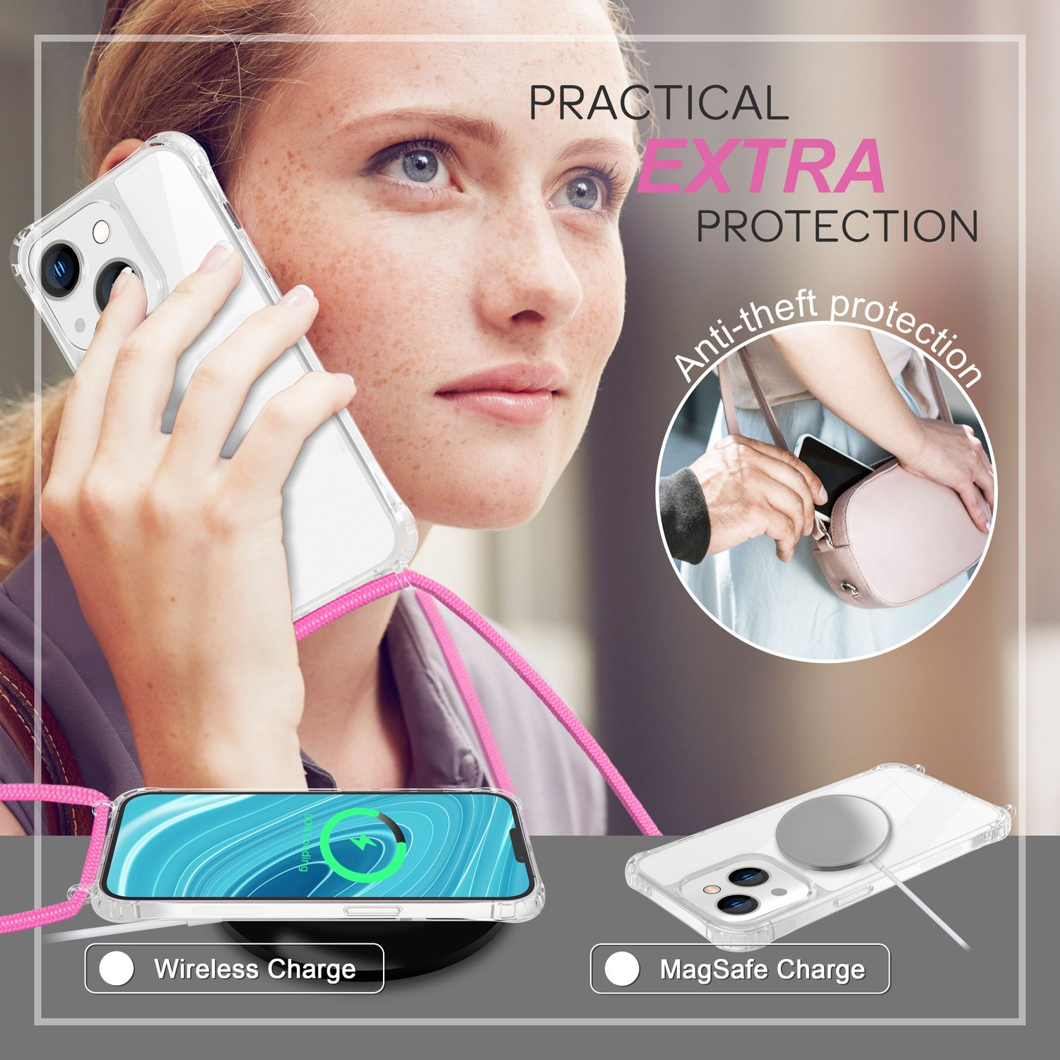 Mujer con teléfono en funda transparente. Opciones de carga inalámbrica y MagSafe, fundas y accesorios para teléfono.