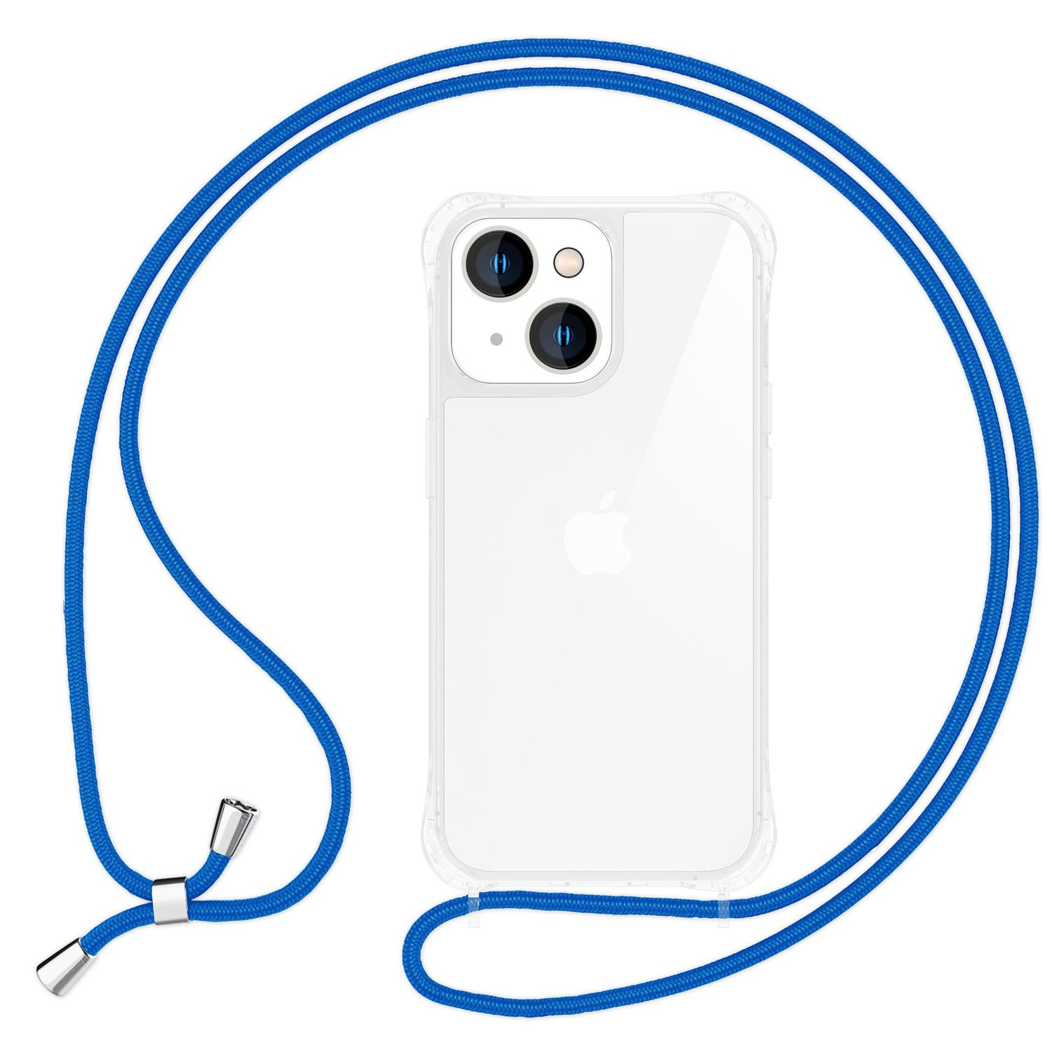 Funda transparente para iPhone con cordón azul. El teléfono está centrado, con un cordón azul.
