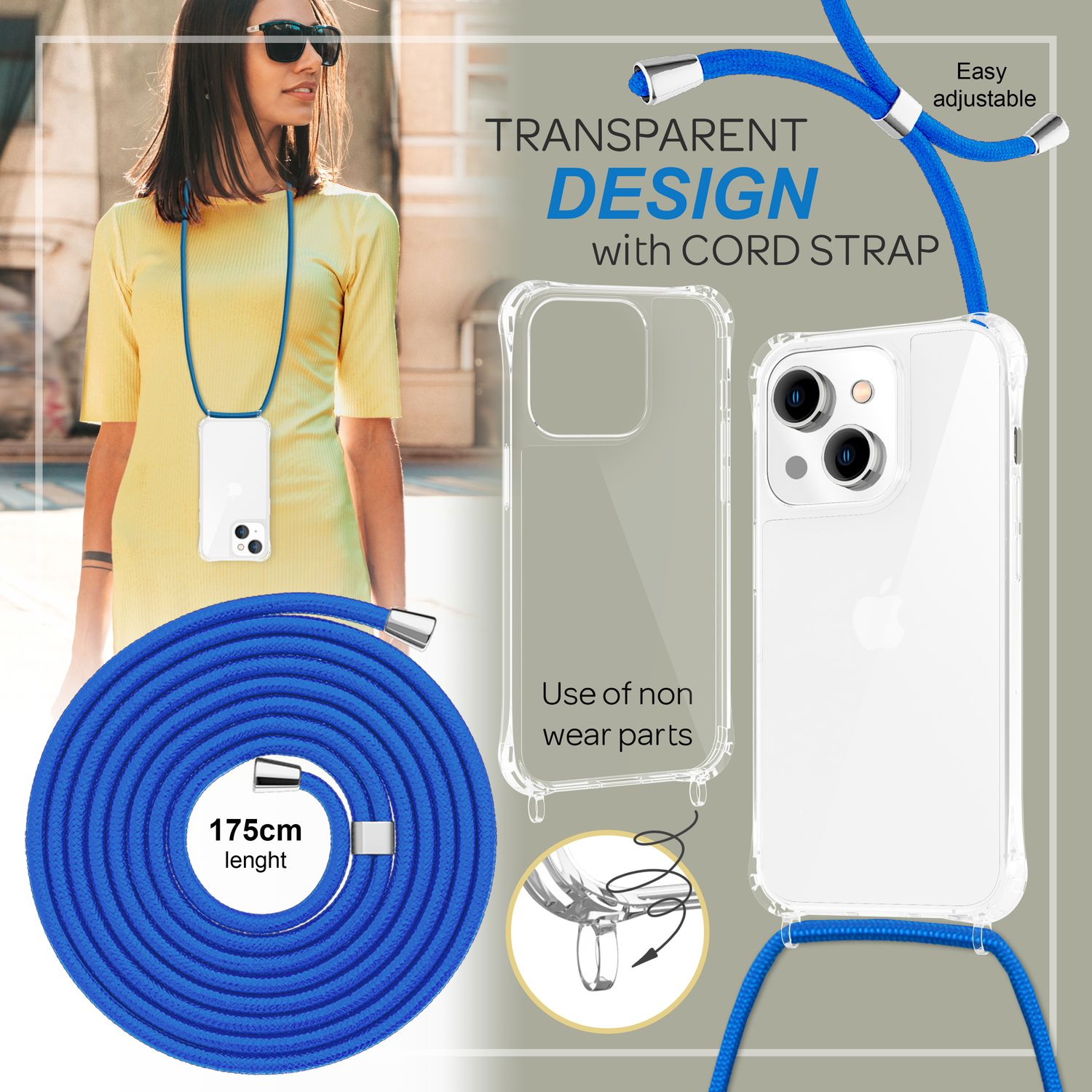Mujer con vestido amarillo mostrando una funda de teléfono con una cuerda azul. Primer plano de la cuerda.