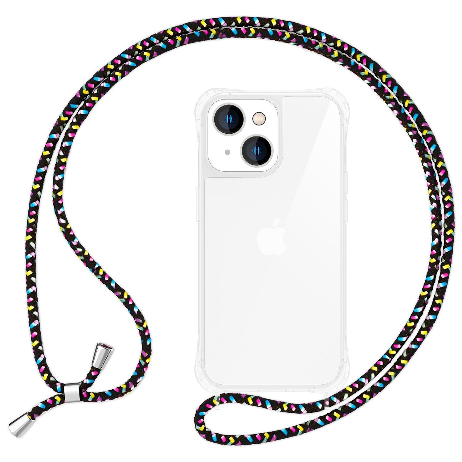 Funda transparente para teléfono con cordón colorido. La funda tiene un teléfono dentro. Fondo blanco.