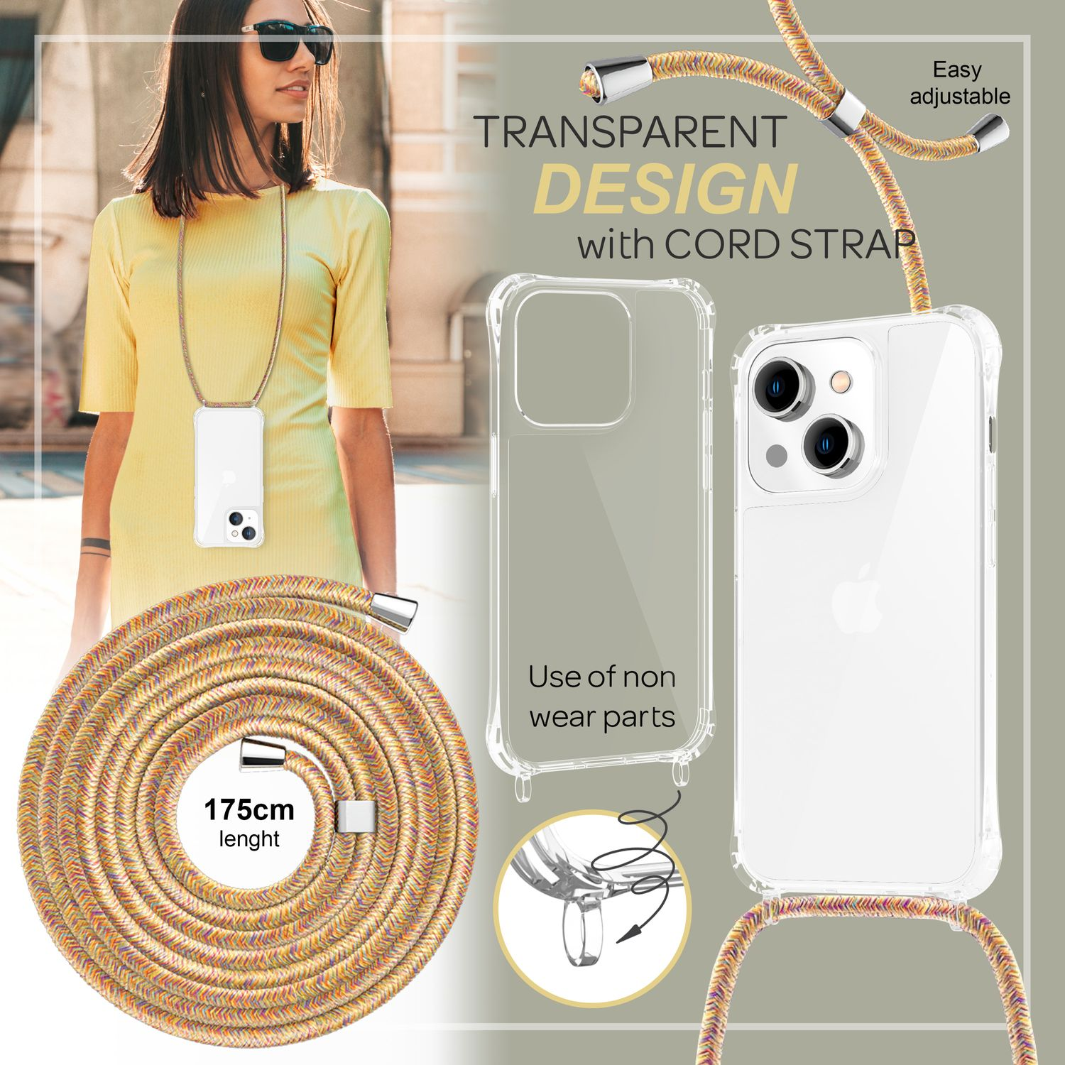 Una mujer con funda de teléfono. La funda tiene una correa. La funda es transparente.