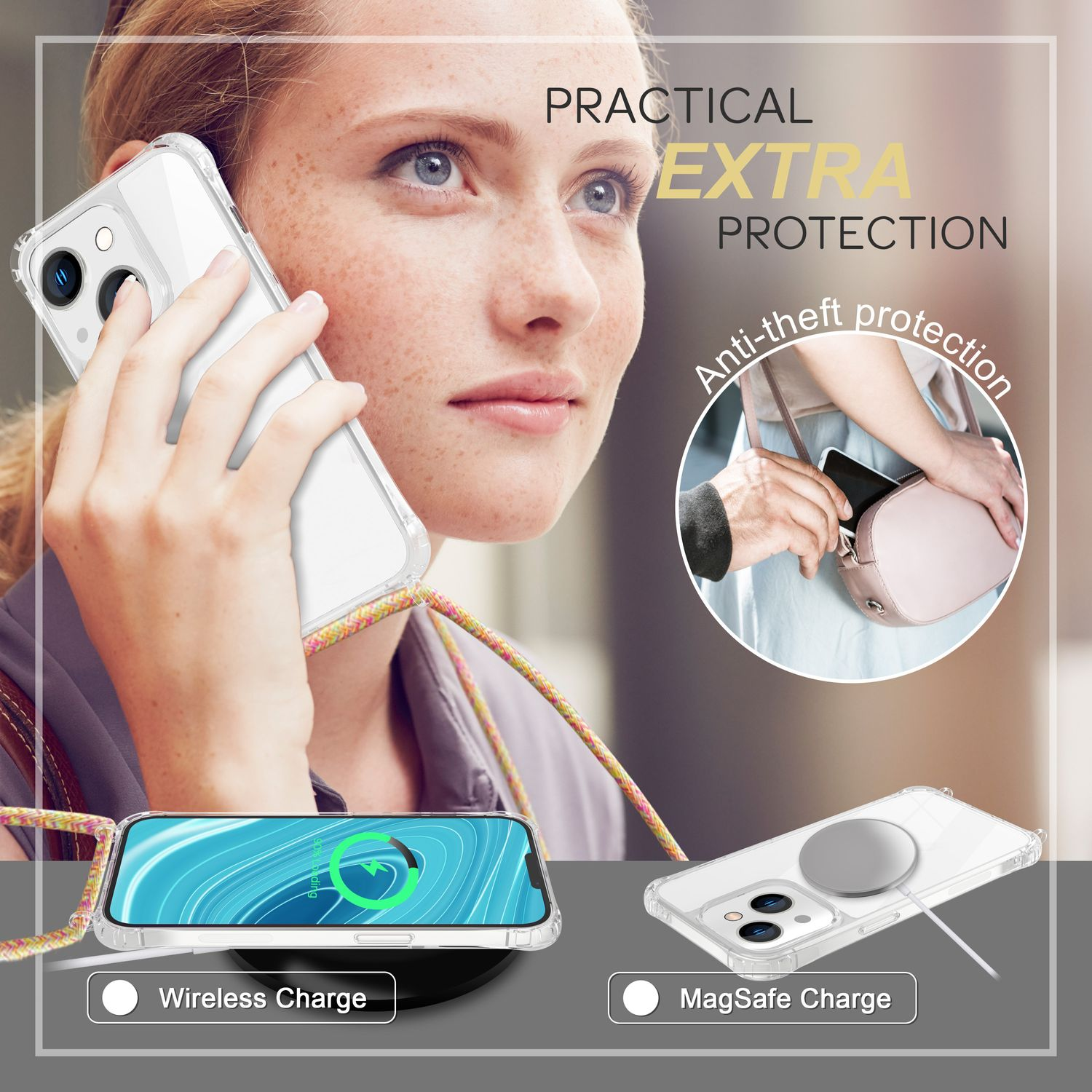 Mujer con teléfono en funda transparente, se muestran funciones de carga inalámbrica y MagSafe.