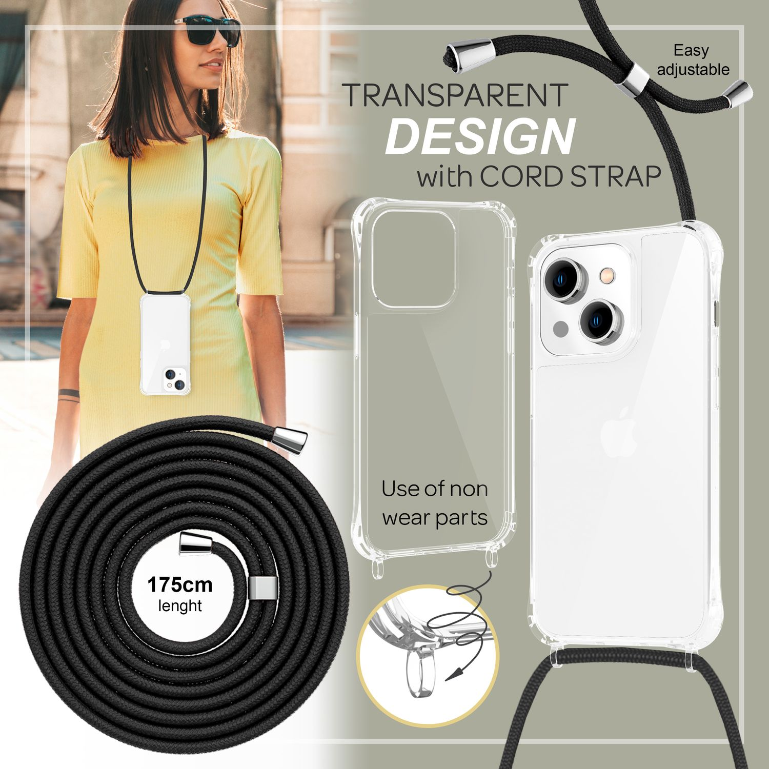 Una mujer con gafas de sol y un vestido amarillo. Se muestra una funda de teléfono con correa.