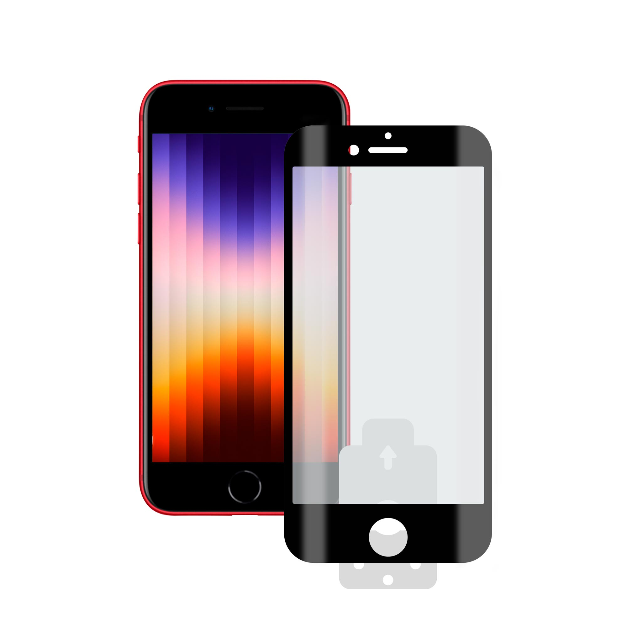 Un iPhone SE rosso, con una protezione schermo accanto. Il telefono è nero sullo schermo.